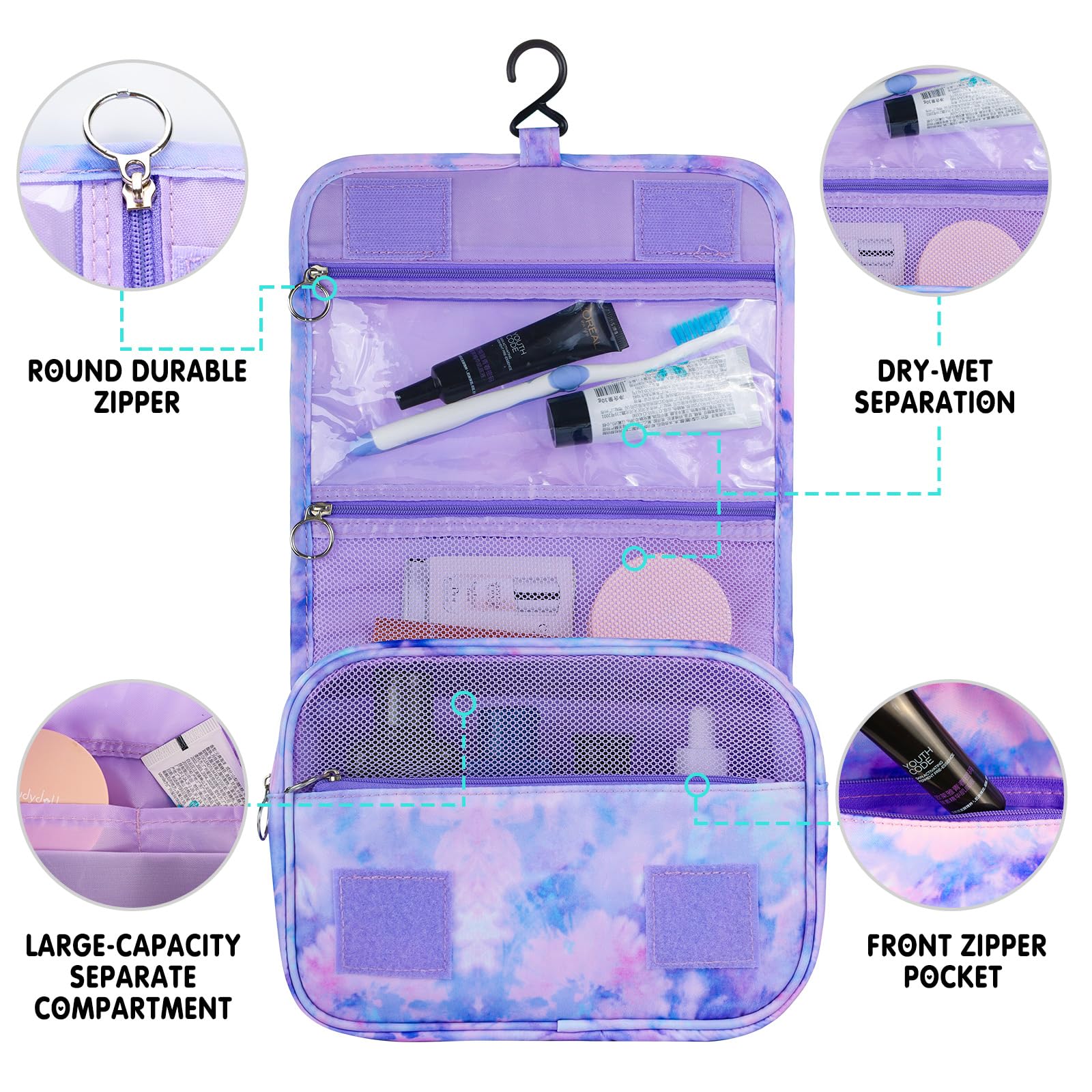 Waterproof Tie Dye Purple Travel Toiletry Bag for Girls - Kids Hanging Cosmetic & Makeup Organizer for Toddlers - Perfect for School Trips, Sleepovers & Family Vacations