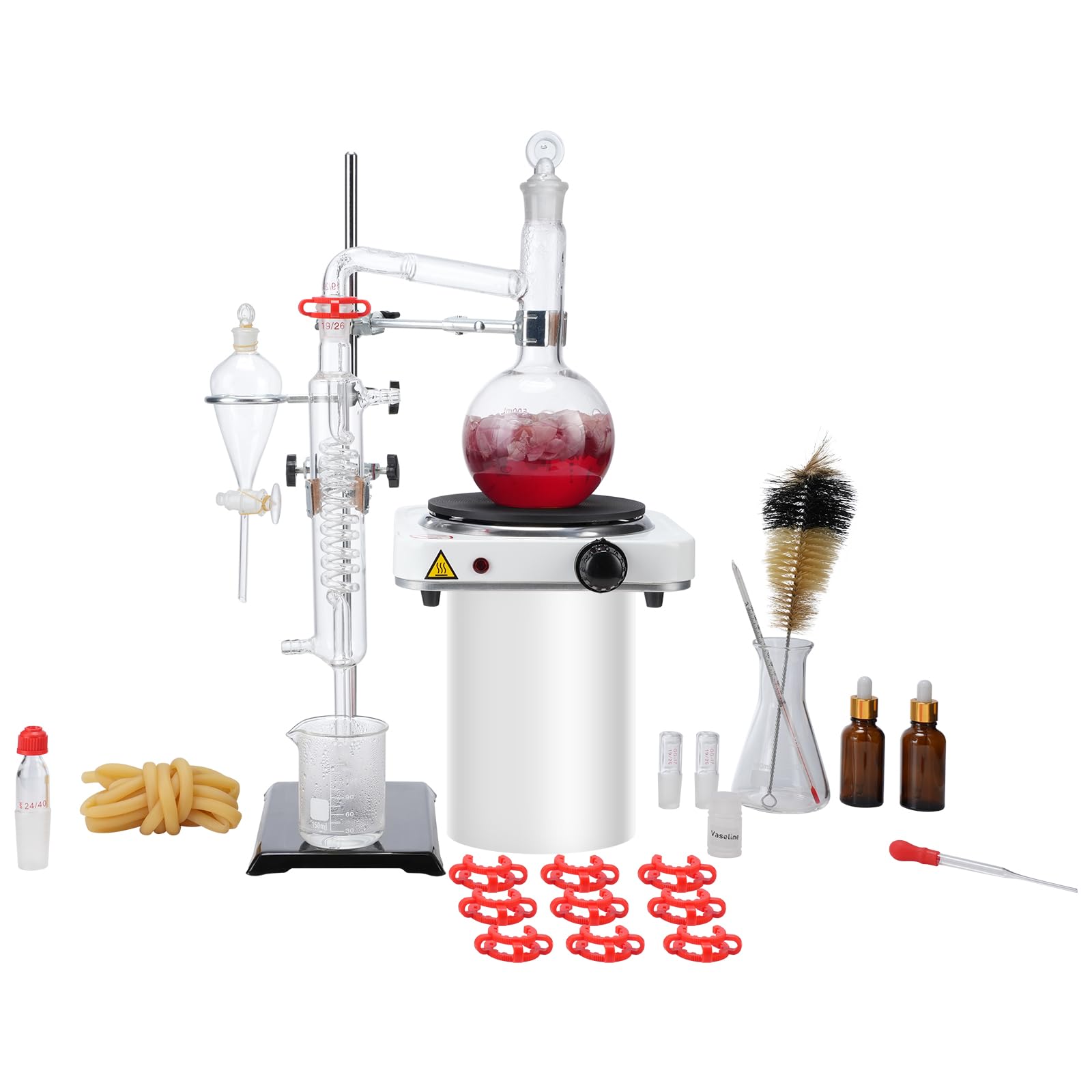 VEVOR 500ml Essential Oil Distillation Kit - 3.3 Boro Lab Glassware Set with 1000W Heating Plate, 24/40 Joint (33 pcs) for Aromatherapy, Herbal Extraction & Home Chemistry Experiments | Perfect for DIY Essential Oils, Hydrosols & Natural Perfume Making