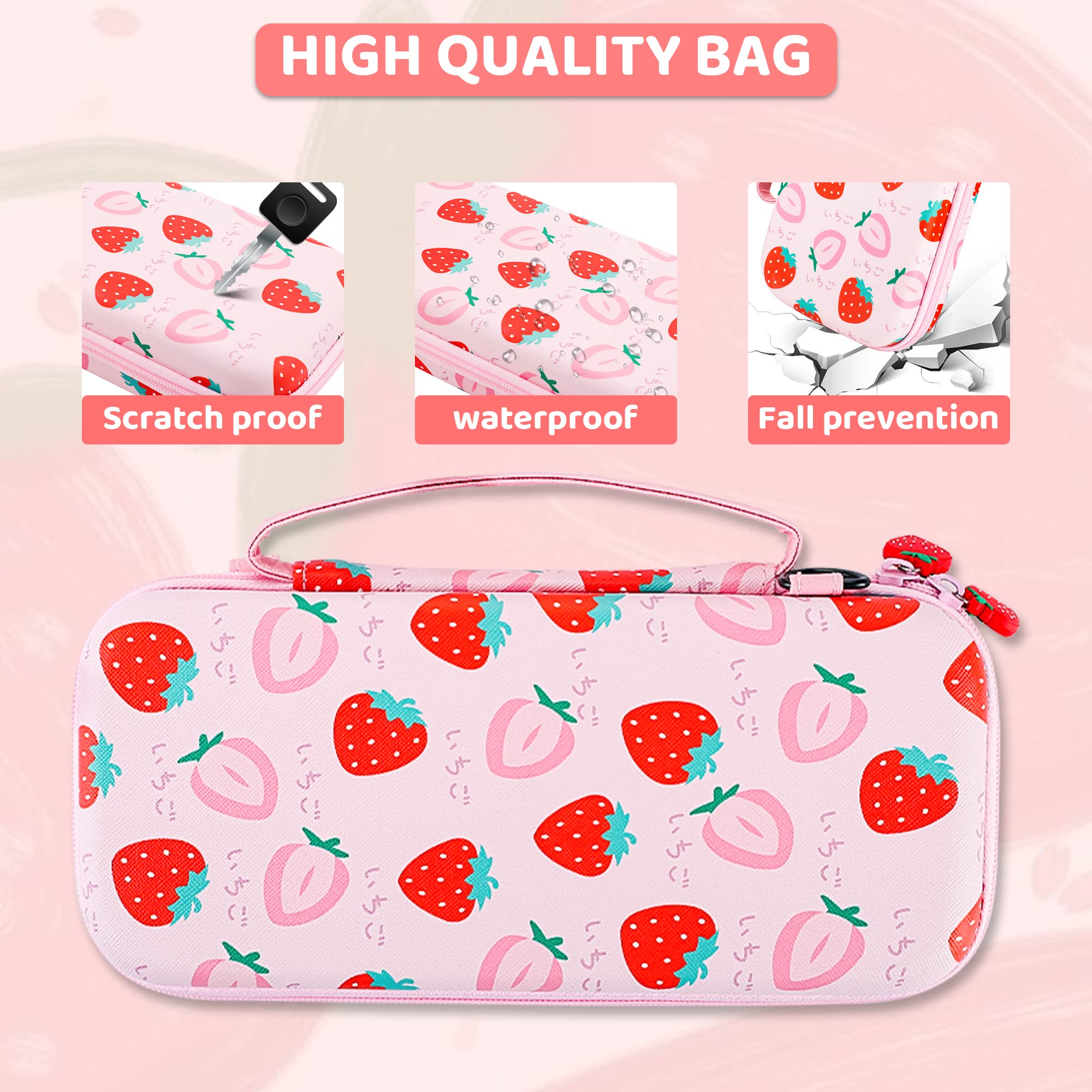 **FUNDIARY Nintendo Switch Lite Carrying Case - Pink Strawberry Design, Slim Portable Storage Bag with Soft TPU Cover, Shoulder Strap, Screen Protector & 2 Thumb Grips - Perfect for Travel, Gaming On-The-Go & Protective Storage**