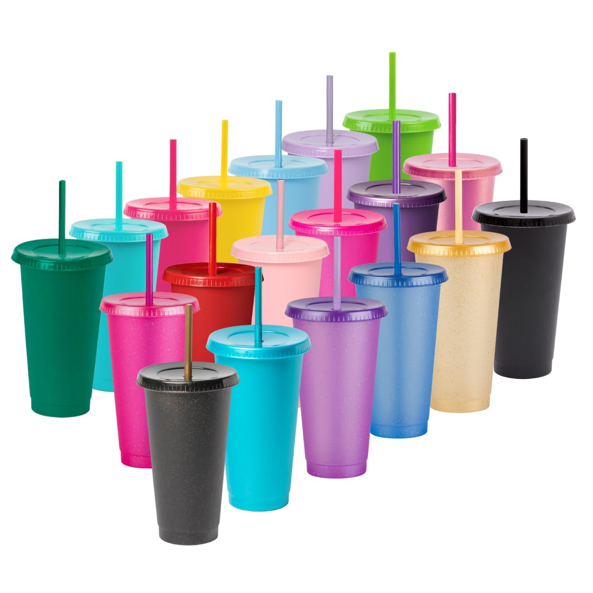 Reusable Plastic Cups with Lids and Straws - 24oz BPA-Free Travel Tumbler Set of 50 - Perfect for Iced Coffee, Smoothies, Cold Drinks at Home, Office, Picnics and Parties