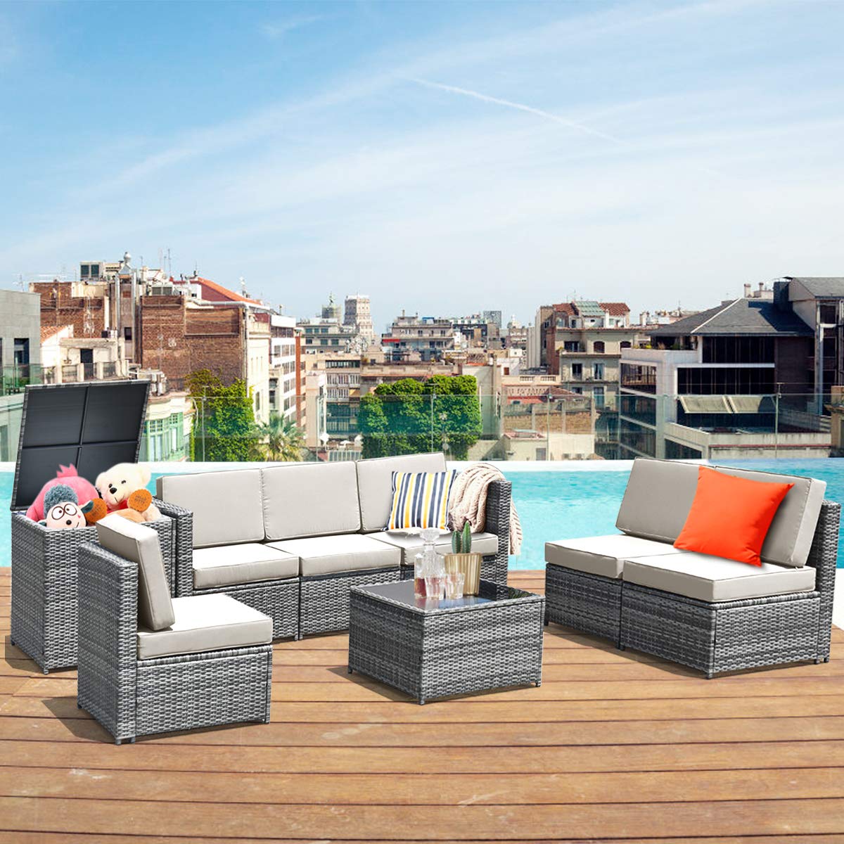 8-Piece Outdoor Patio Furniture Set - Rattan Wicker Sofa Sectional with Coffee Table, Cushions & Storage Box - Garden Backyard Conversation Set for Relaxing & Entertaining