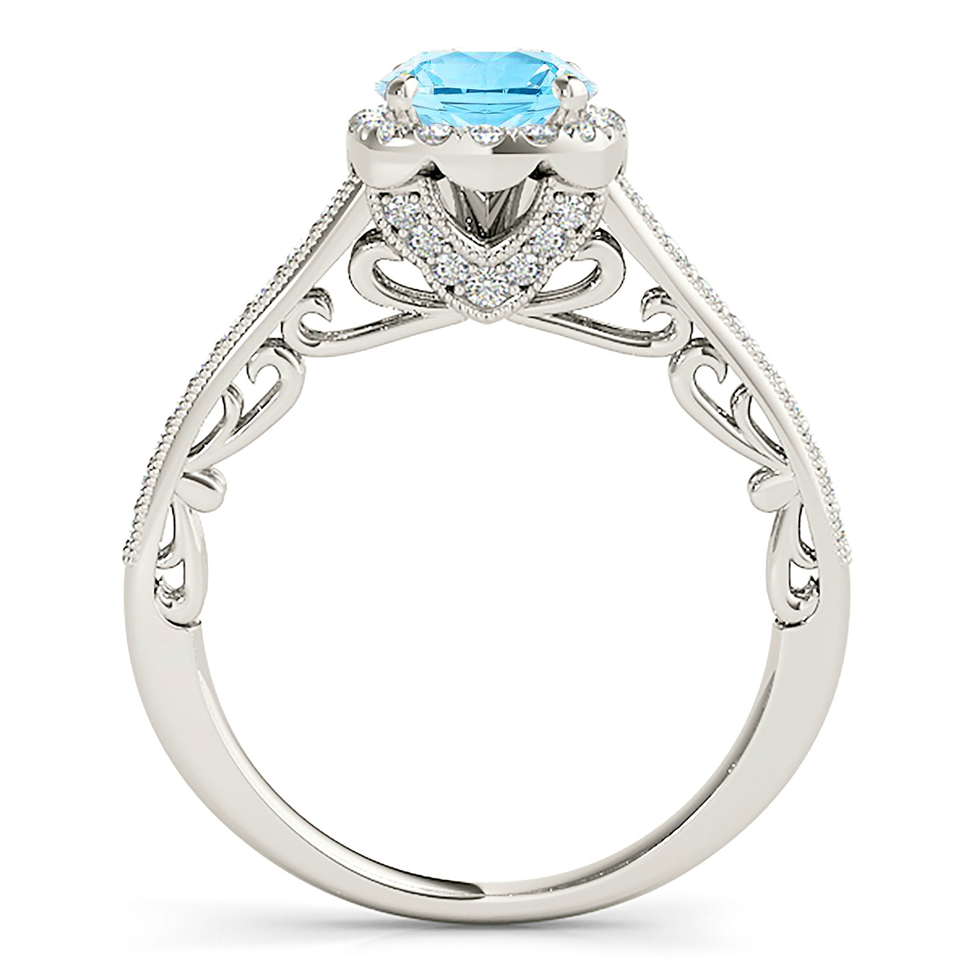 1.75 Carat Genuine Round Aquamarine Engagement Ring with Cushion Halo & Diamond Band - Elegant Wedding, Anniversary, or Gift Jewelry for Women
