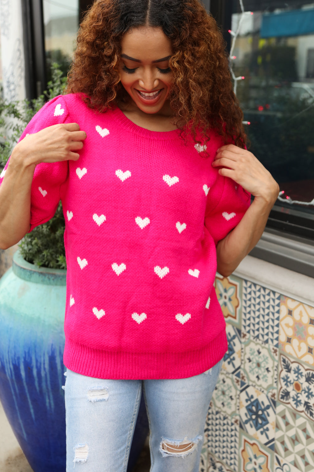 Be Mine Pink & White Heart Oversized Jacquard Sweater | Women's Valentine's Day Knit Pullover | Cozy Winter Fashion for Date Night & Casual Outings