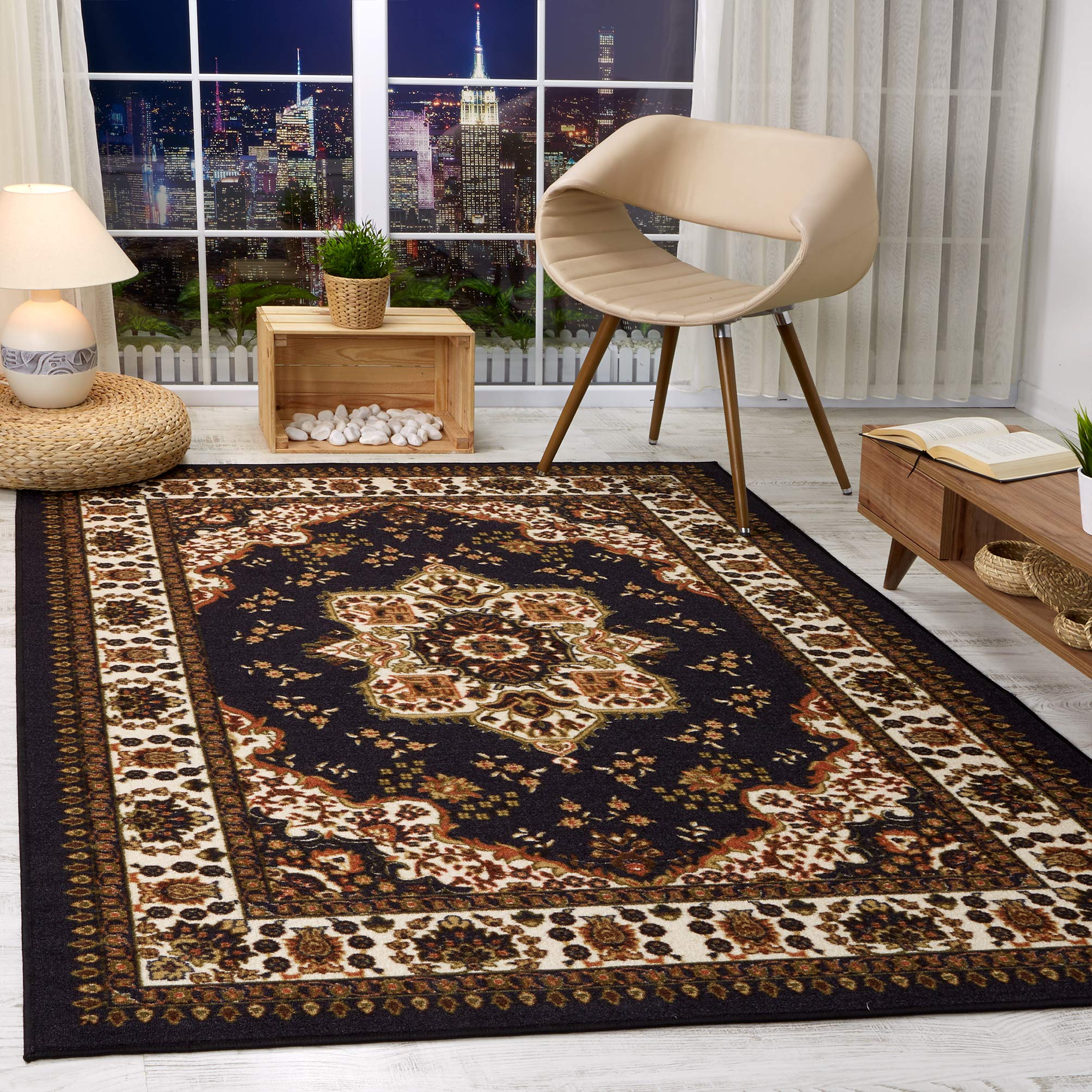 Antep Oriental Traditional 8x10 Non-Slip Area Rug with Rubber Backing - Low Pile Indoor Carpet for Living Room, Bedroom & Dining Room (Black, 8' x 10')