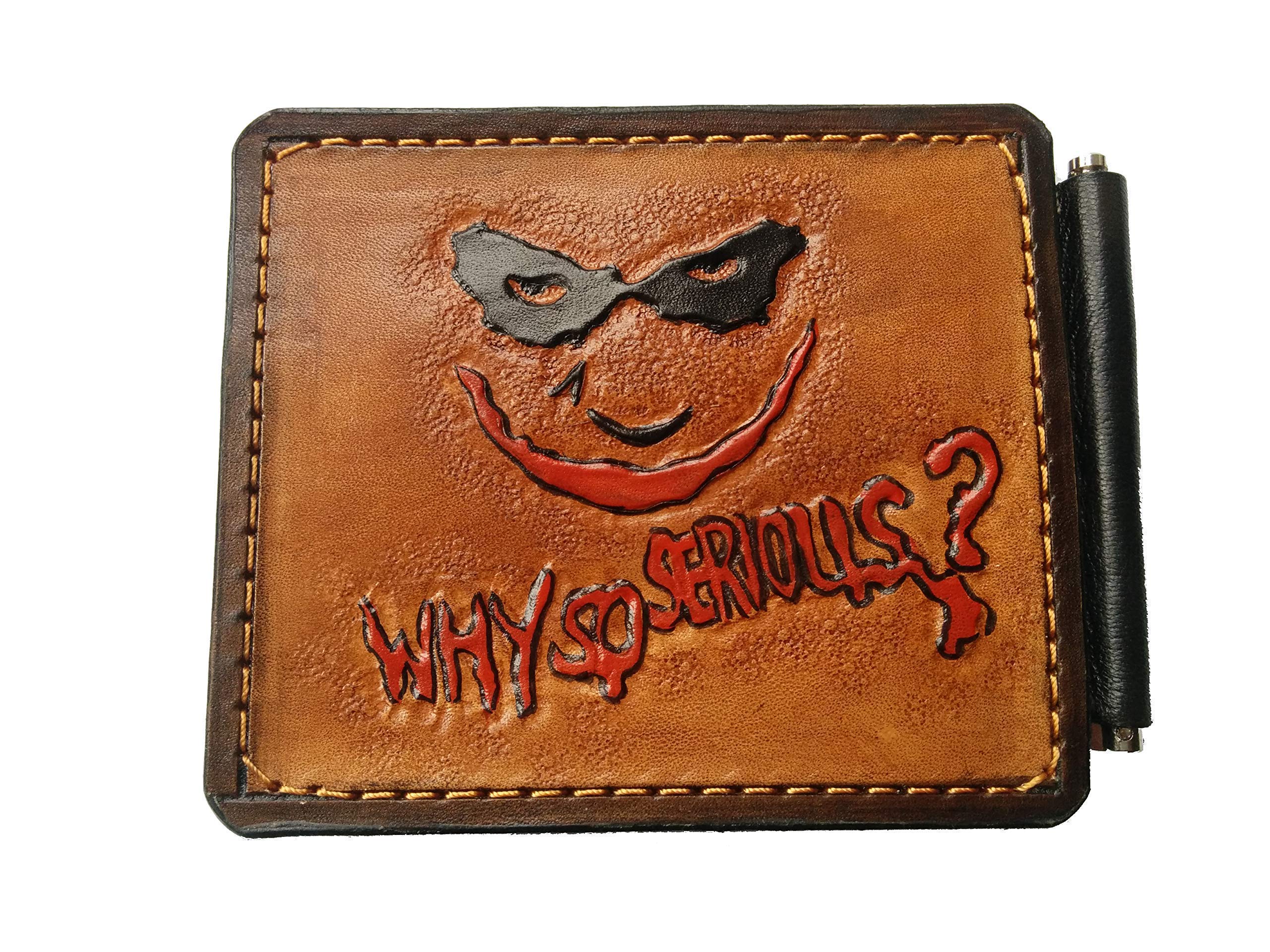 Joker Men's 3D Genuine Leather Wallet with Money Clip - Handmade Carved & Tooled Leather Bifold - Custom Airbrush Art Personalized Card Holder - Perfect Gift for Dad, Husband & Everyday Carry