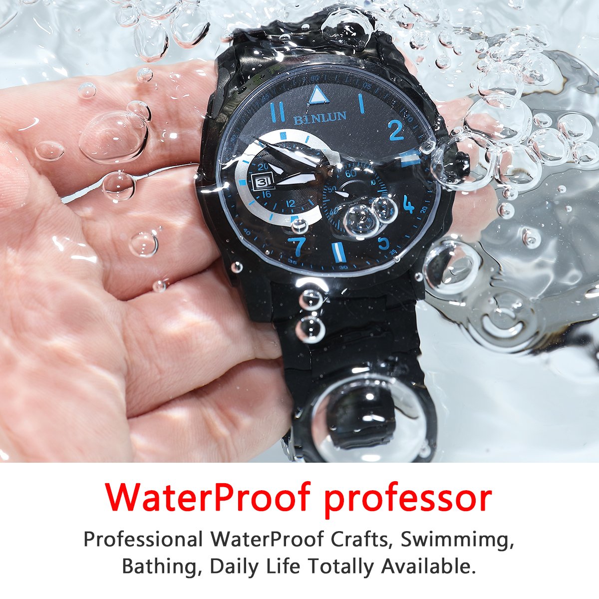 BINLUN Black Men's Automatic Waterproof Military Watch - Stainless Steel Wristwatch with Date Display - Perfect for Father's Day, Christmas Gifts, Outdoor Adventures & Formal Occasions