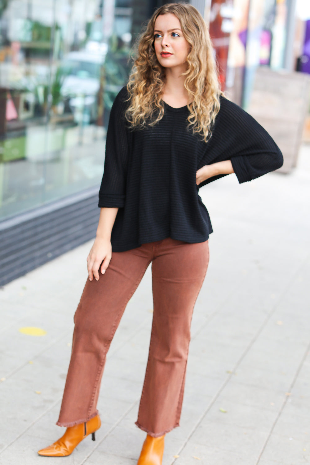 Open Your Mind Black Jacquard Hi-Low V-Neck Sweater for Women | Elegant & Stylish Pullover for Casual Outings, Date Nights & Office Wear