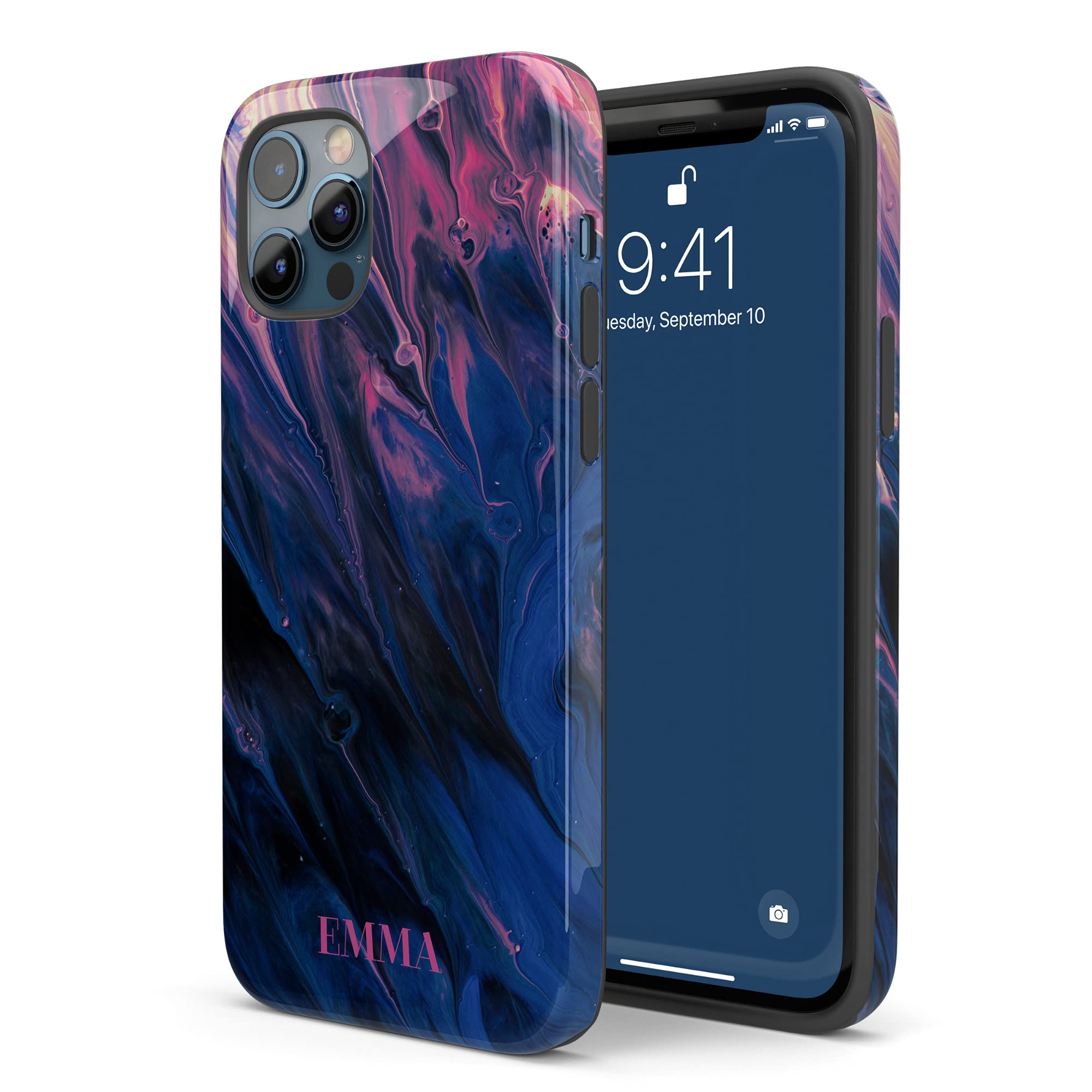 Custom Name Purple & Blue Abstract Marble Personalized Phone Case for iPhone 16 Plus/15 Pro Max/14/13 Mini/12/11/X/XS Max/XR/7/8 - Durable Protective Cover for Everyday Use, Work & Travel