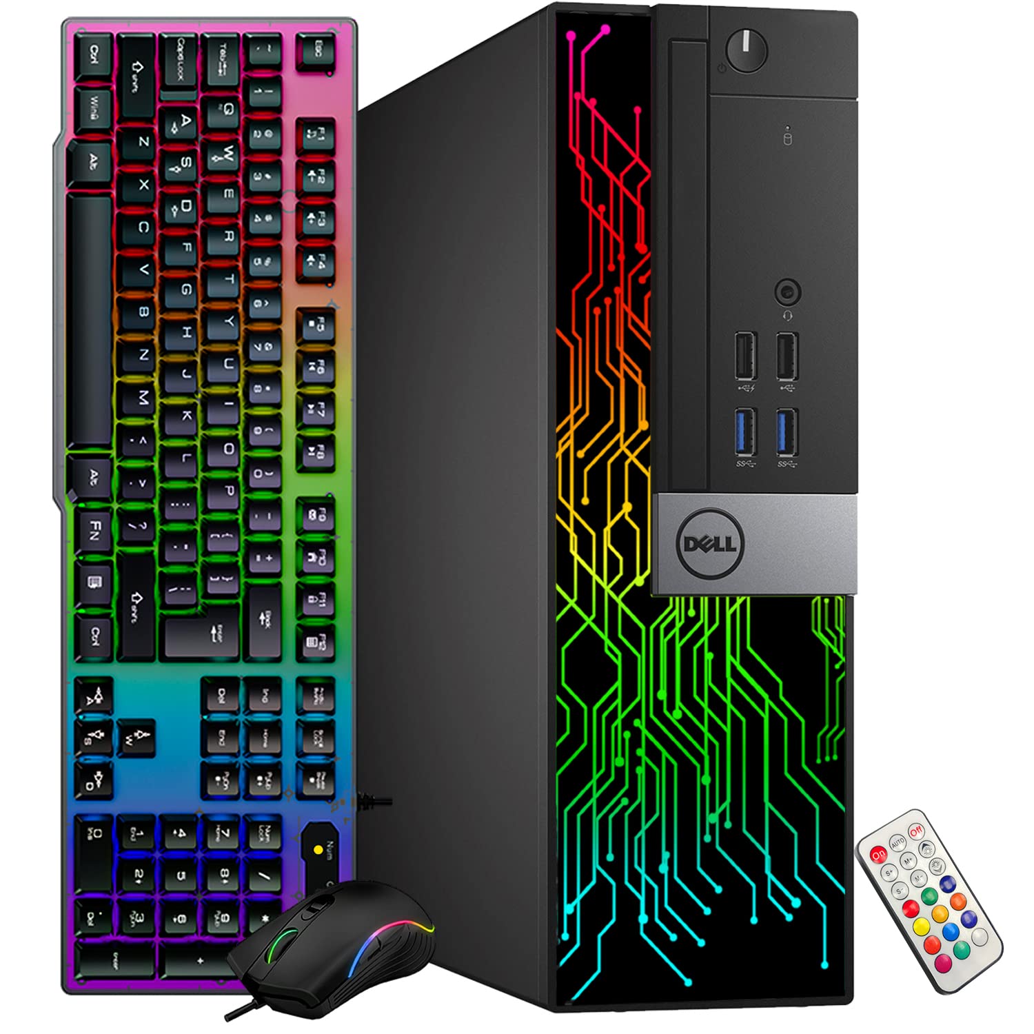 Refurbished Dell OptiPlex Desktop PC - Intel Core i5-6500 3.2GHz, 8GB RAM, 256GB SSD, Windows 10 Pro | Custom RGB Lighting, WiFi, HDMI | Includes Gaming Keyboard & Mouse | Perfect for Home Office, Gaming & Productivity