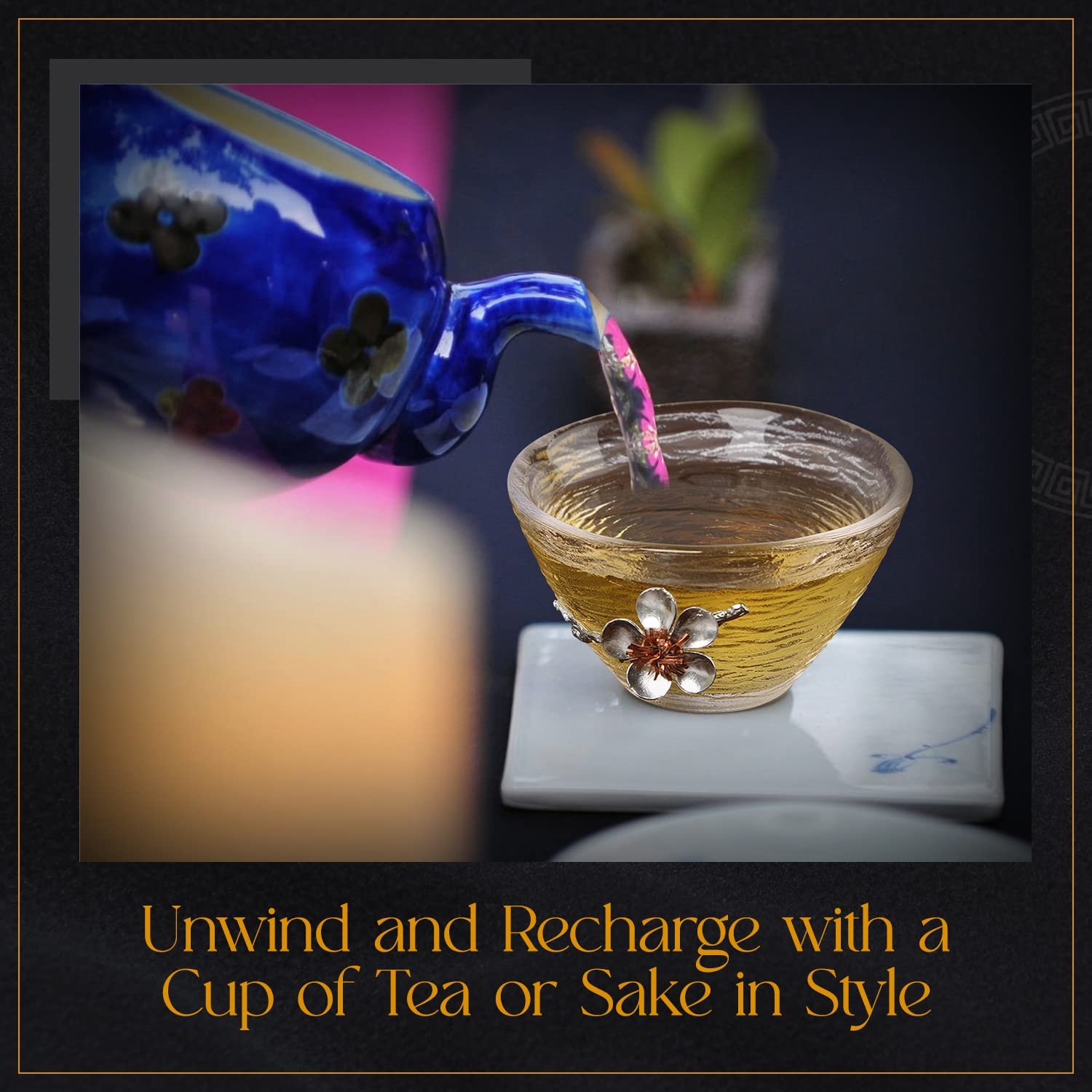 Japanese Hammered Glass Tea Cups Set of 2 - Handcrafted Sake Cups with Tin & Copper Plum Blossom Design, 2.3 oz - Perfect for Tea Ceremonies, Japanese Dining & Gift Giving