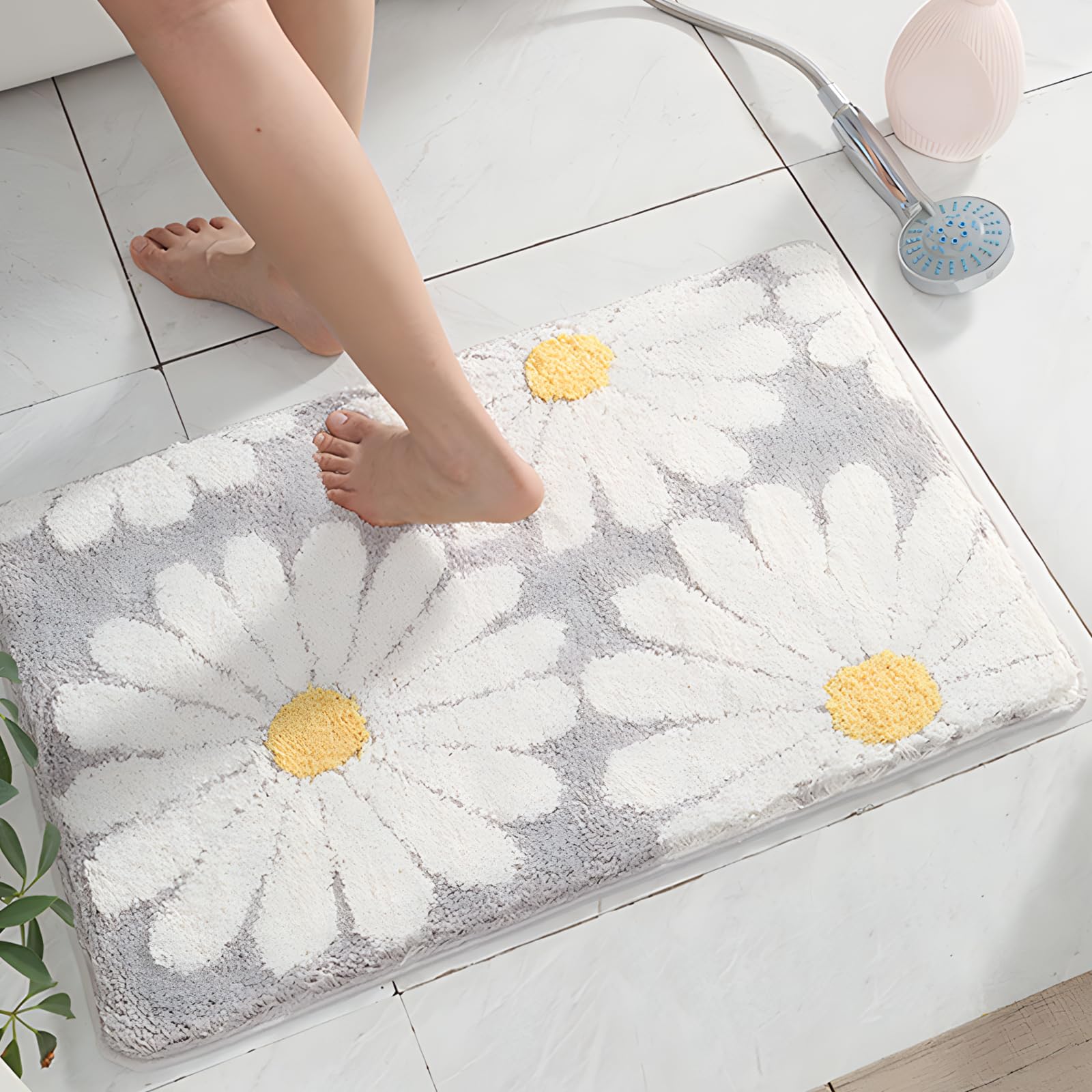 Soft Fluffy Daisy Bathroom Rug - Absorbent & Anti-Slip Shaggy Bath Mat, Cute Cartoon Flower Grey Decor for Home (15.7x23.6 Inch) - Perfect for Bathroom, Bedroom & Kids Room Decor