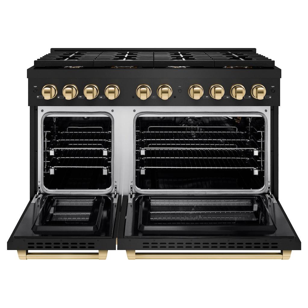 ZLINE Autograph Edition 48-inch 6.7 cu. ft. Paramount Double Oven Gas Range with 8 Burner Cooktop in Black Stainless Steel & Polished Gold Accents - Professional Kitchen Appliance for Home Chefs & Entertaining (SGRBZ 48 G)
