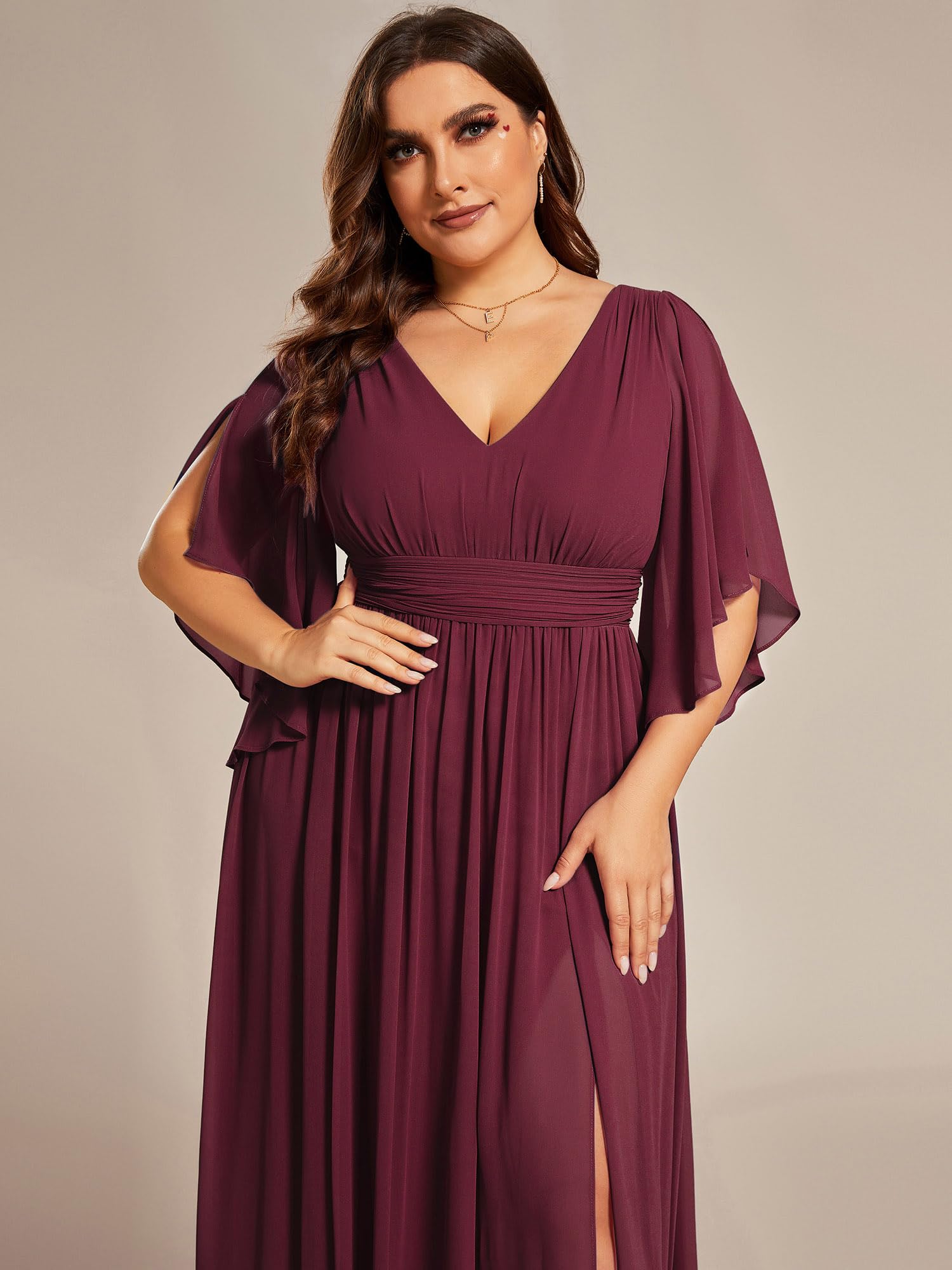 Ever-Pretty Plus Size Women's V-Neck A-Line Bridesmaid Dress with Half Sleeves & High Slit - Floor Length Formal Gown 01886-DA | Perfect for Weddings, Prom, Evening Parties & Special Occasions
