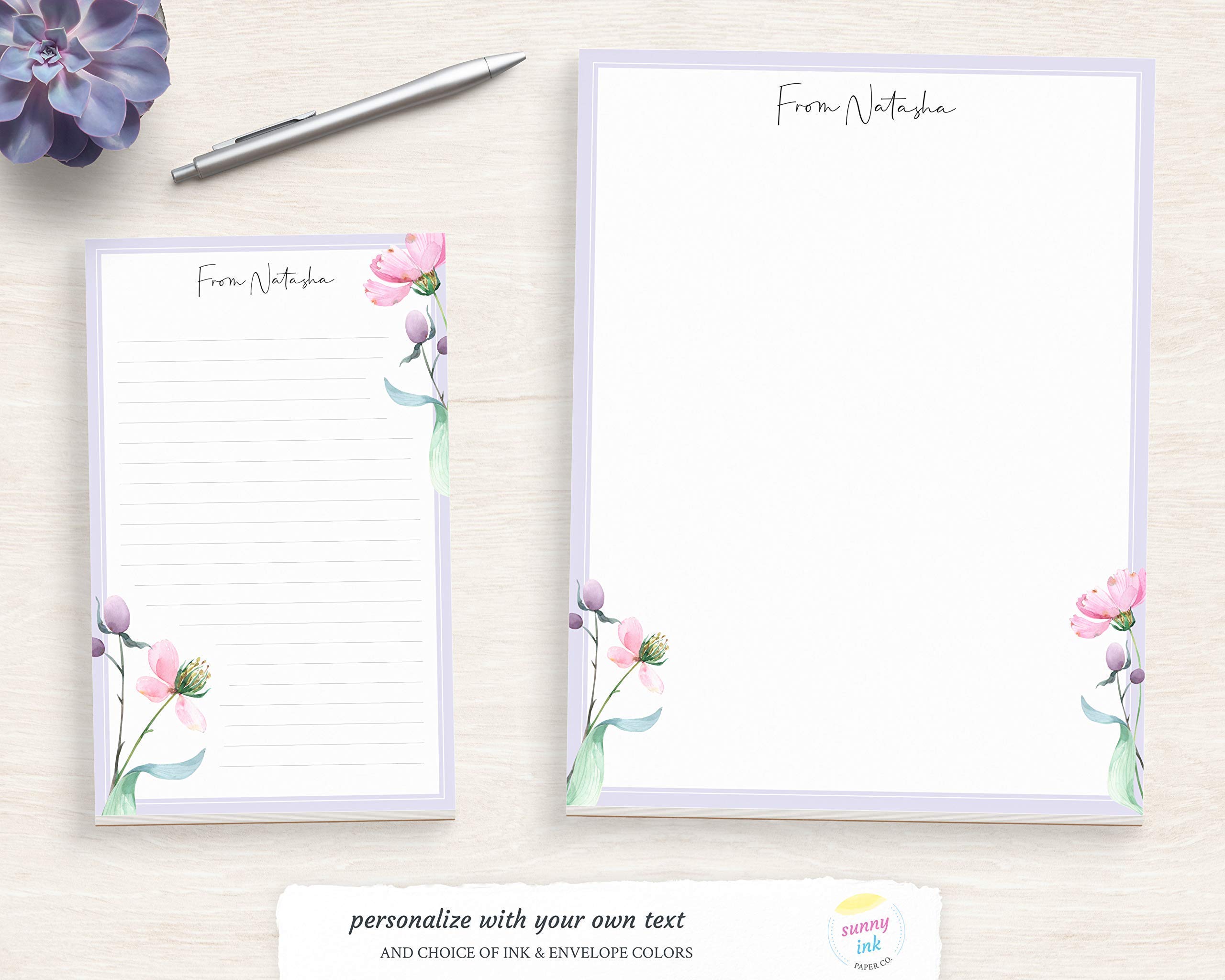 Personalized Floral Notepad with Watercolor Flower Design - Custom Writing Paper & Pretty Stationery - Gift for Journaling, Note Taking, Office & School Use