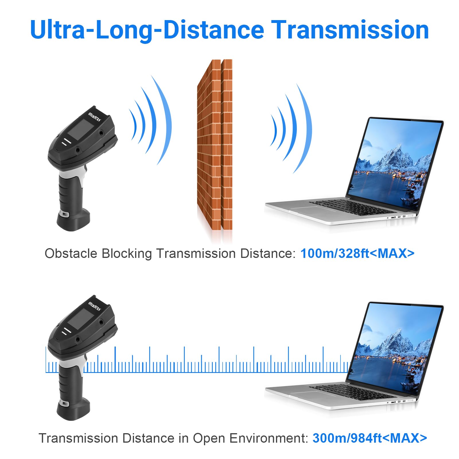Onewscan Wireless Barcode Scanner - 1D Laser Barcode Reader with Stand, 2.4G Wireless & USB Wired Connection (Plug and Play) - Ideal for Retail Stores, Warehouses, and Inventory Management