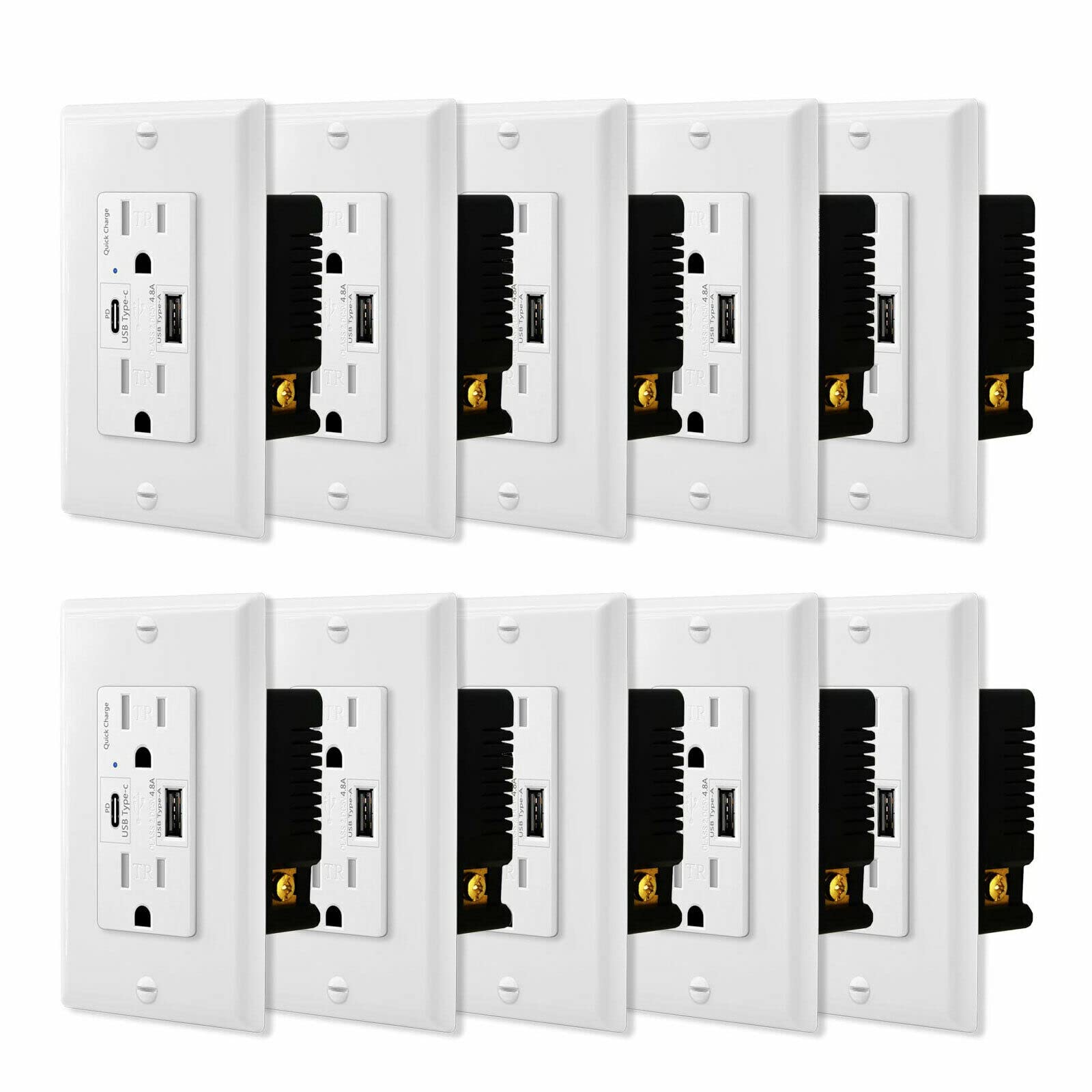 4.8A Fast Charging USB Type C Outlet - 15A Tamper Resistant Wall Receptacle (UL Listed, 10-Pack, White) - Perfect for Home, Office & Commercial Spaces