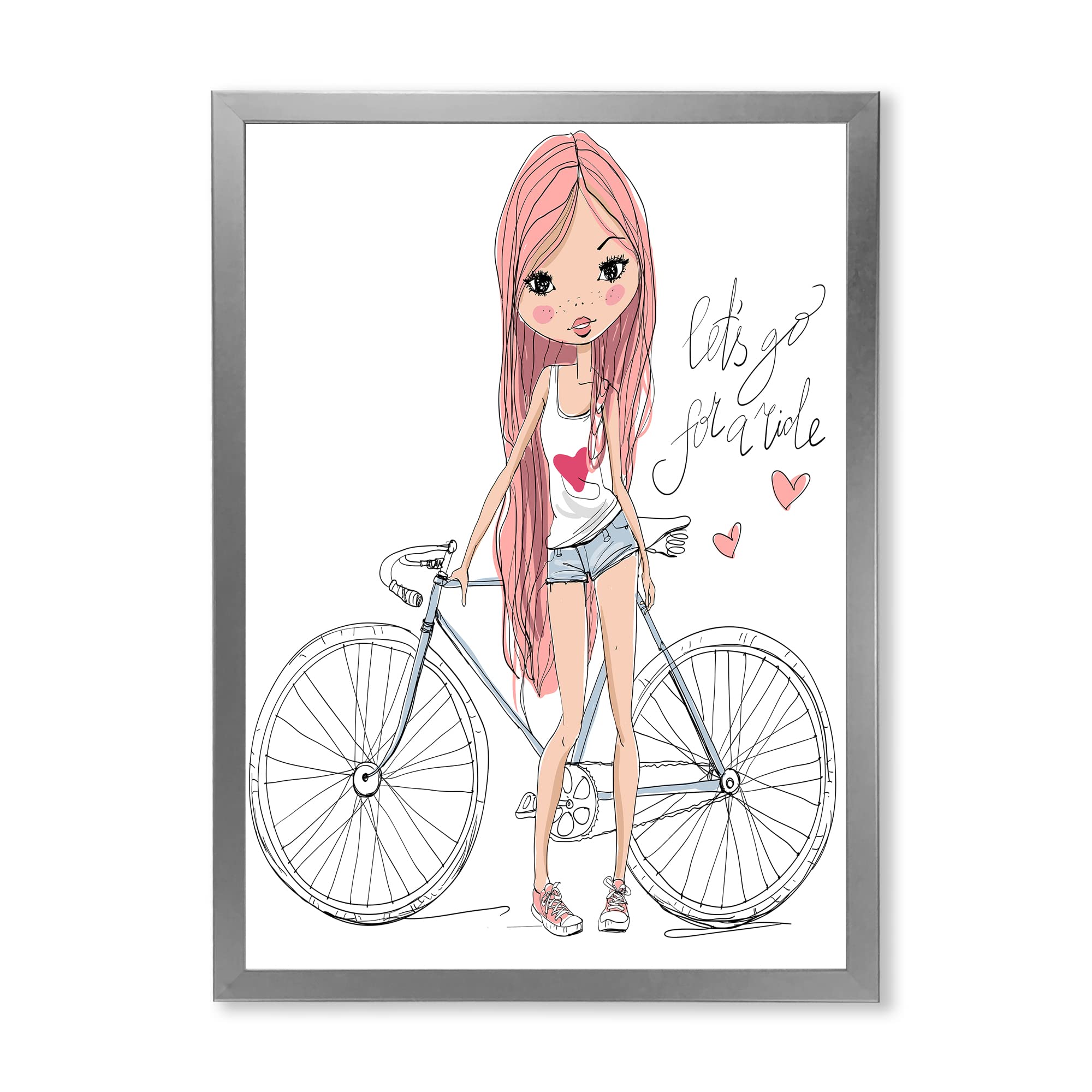 DesignQ Young Girl With Bicycle Framed Wall Art - Vintage Children's Room Decor, Nursery Painting, Kids Bedroom Wall Decor for Girls & Boys