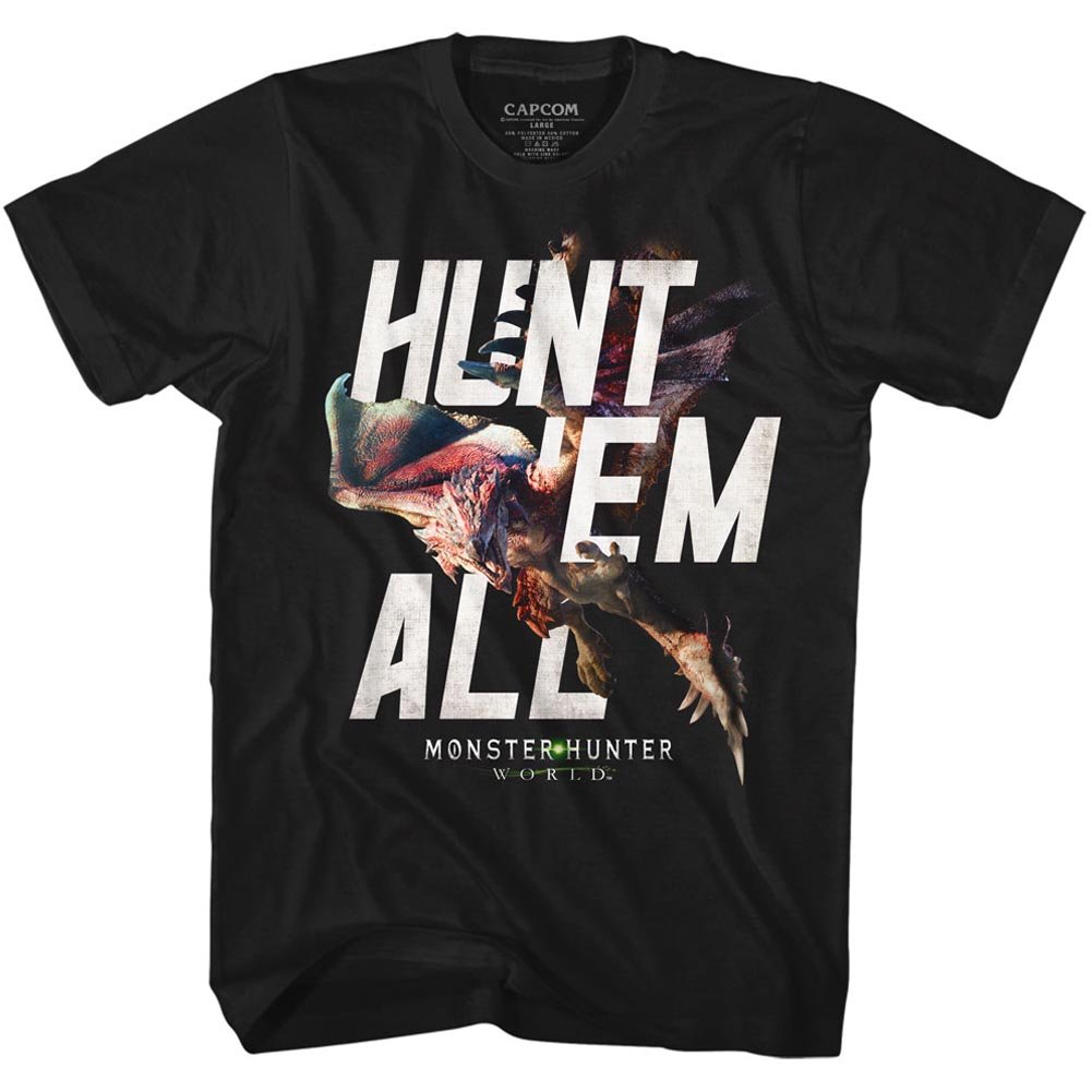 Monster Hunter Hunt Em All Black Adult T-Shirt - Cool Gaming Graphic Tee for Men - Perfect for Cosplay, Gaming Conventions & Casual Wear