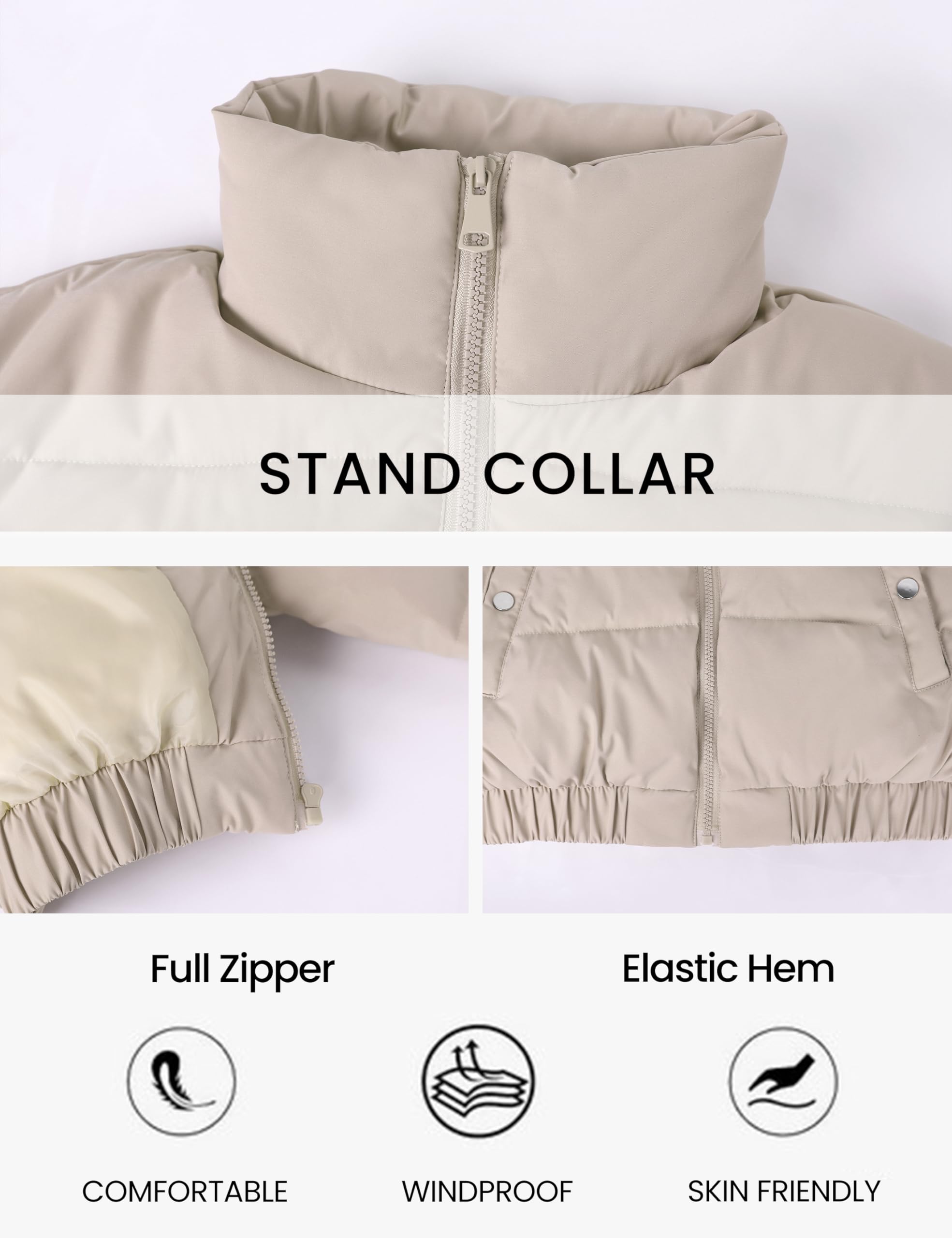 Hooever Women's Cropped Puff Jacket - Winter Stand Collar Quilted Bubble Coat with Full Zipper | Warm Outerwear for Casual Outings, Street Style & Cold Weather Fashion