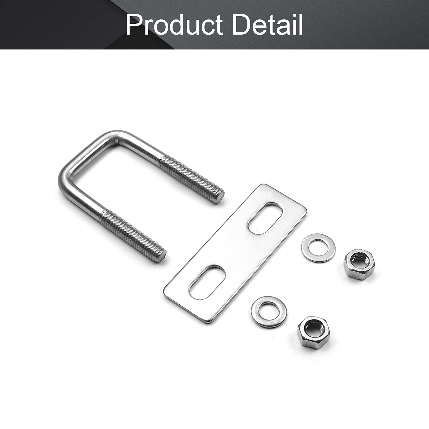 304 Stainless Steel M6 Thread Silver Square Bend U Bolts with Nuts, Washers & Frame Plate - 0.98