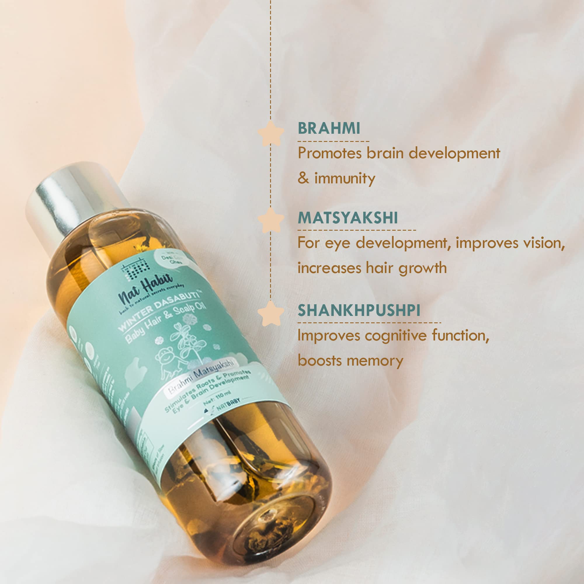 Nat Habit Baby Scalp & Hair Oil 110ml - Brahmi Matsyakshi Dasabuti Oil for Healthy Hair Growth | Prevents Cold, Boosts Immunity | Ideal for Newborns, Infants & Toddlers for Daily Hair Care & Massage