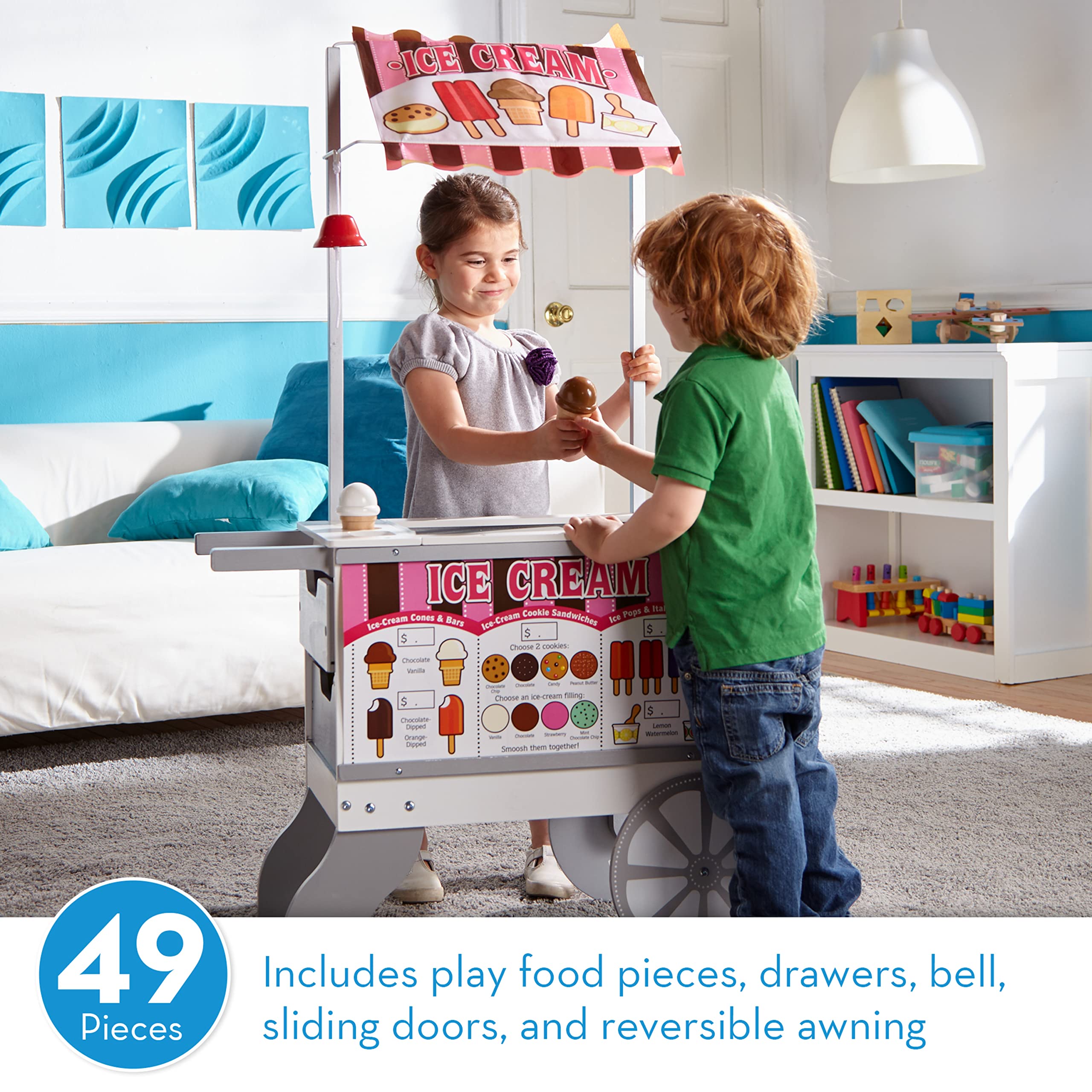 Melissa & Doug Wooden Pretend Play Food Cart with 40+ Pieces - Kids Snacks & Sweets Toy Set, Reversible Awning, Multi-Color Play Kitchen Accessories for Toddlers & Preschoolers - Perfect for Imaginative Play, Birthday Gifts & Daycare Learning Activities