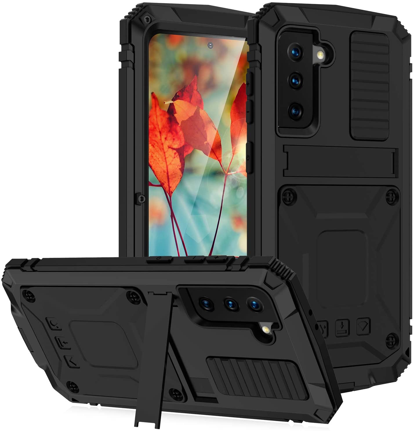 Samsung Galaxy S21 Plus Heavy Duty Aluminum Kickstand Rugged Case - Shockproof Protective Cover for Outdoor, Work & Travel (Black)