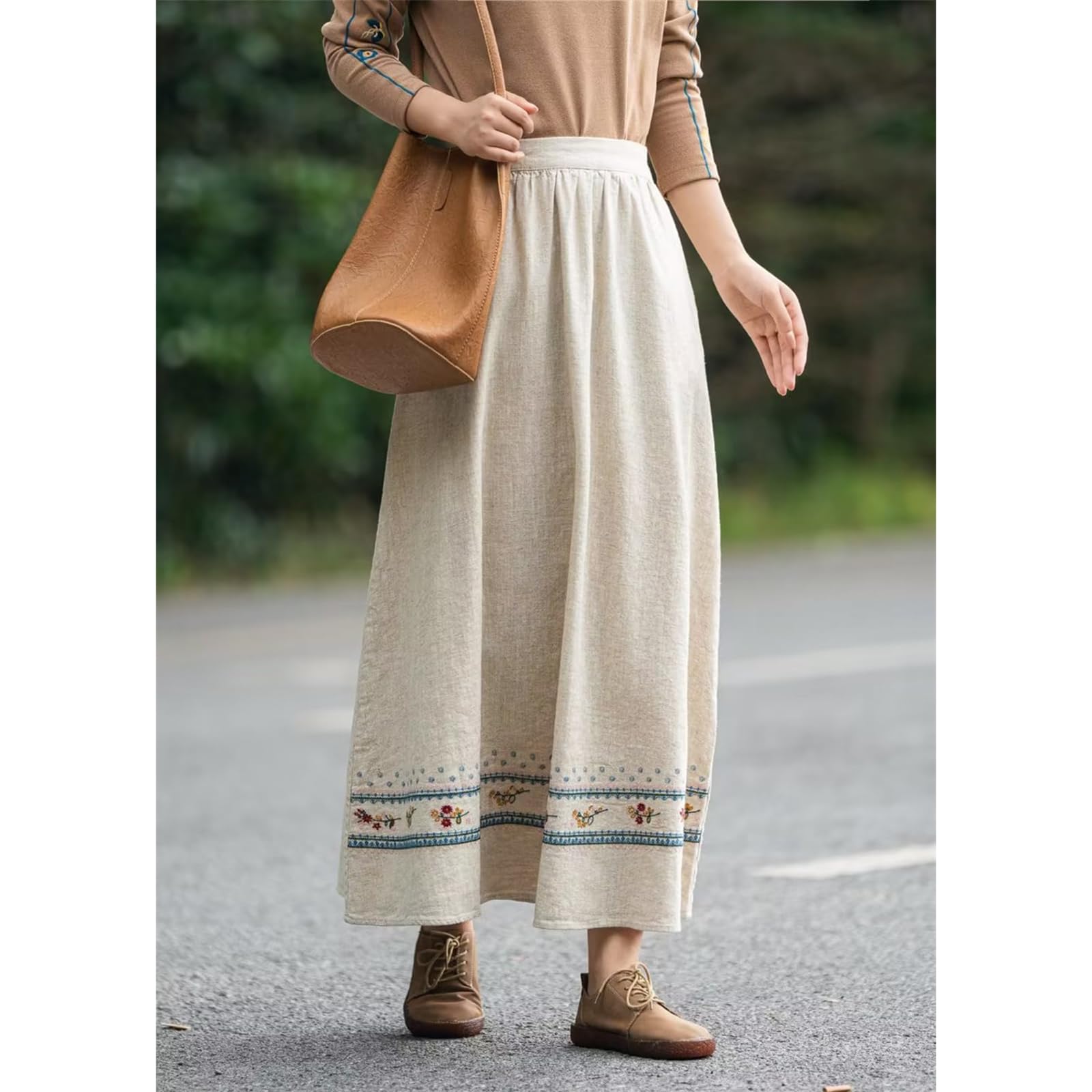 Women's High Waisted A-Line Midi Skirt - Embroidered Linen Retro Skirt for Summer | Casual, Office & Boho Chic Outfits