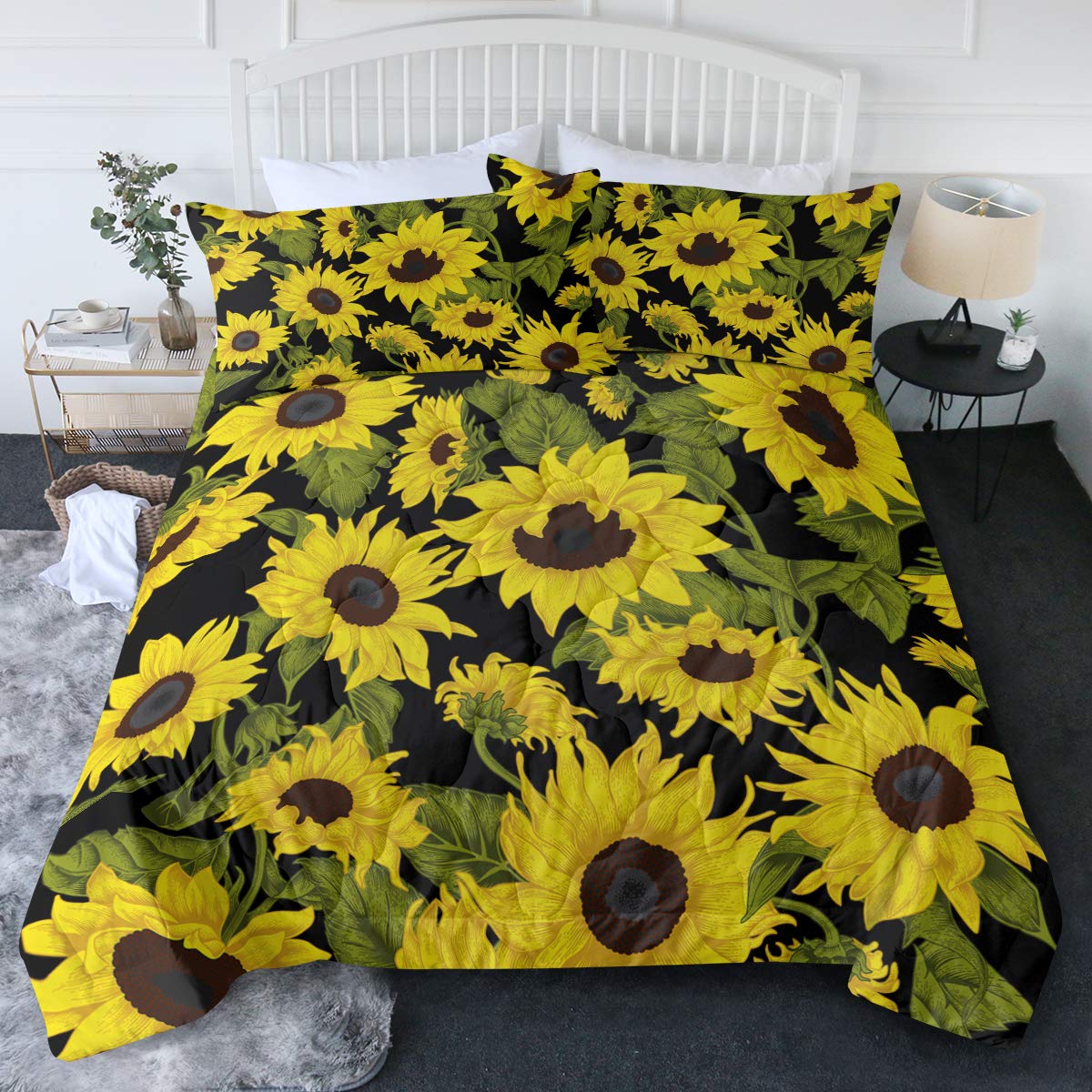 BlessLiving King Size Yellow Sunflower Reversible Comforter Set - 3 Piece Ultra Soft Lightweight Bedding with Pillow Shams | Perfect for Master Bedroom, Guest Room & Dorm Decor