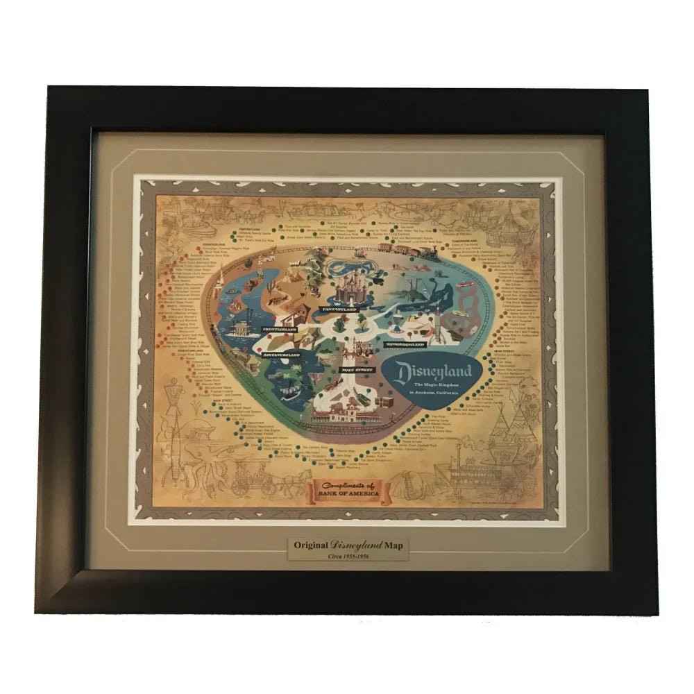 Vintage 1955-56 Disneyland Map Framed Collage - Original Disneyland Memorabilia with Bank of America Logo - Perfect for Disney Collectors, Home Decor & Vintage Theme Rooms