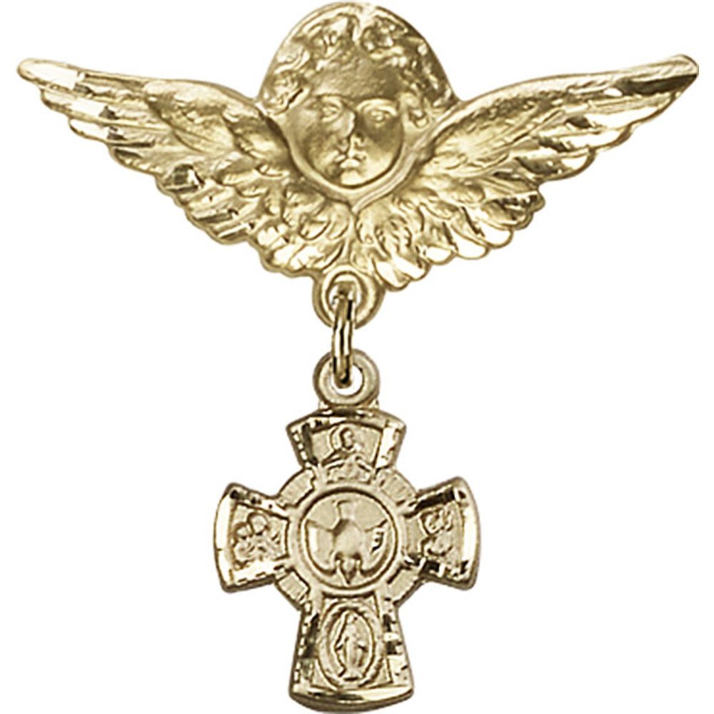 Gold Filled Baby Badge Pin with 5-Way Charm & Angel Wings - 1 1/8 X 1 1/8 Inch - Perfect for Christening, Baby Showers & Keepsake Gifts