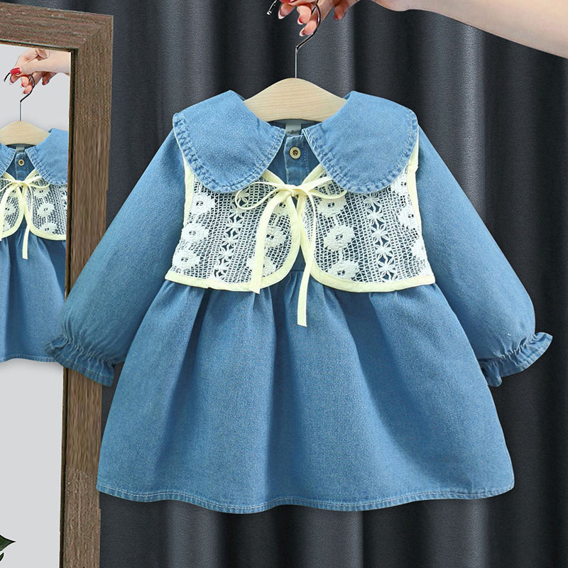 Baby Girl Autumn Long Sleeve Denim Dress with Wool Vest Set - Cute Outfit for Fall Photoshoots, Family Gatherings & Holiday Events