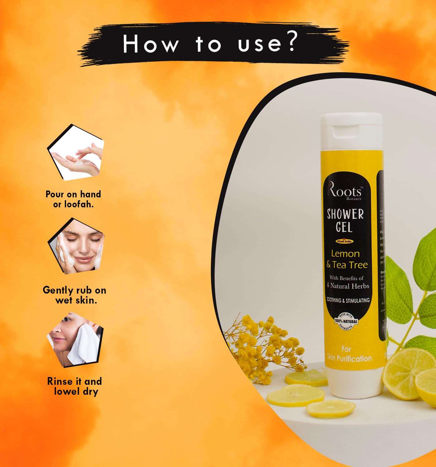 Roots Botanix Lemon & Tea Tree Natural Herbs Body Wash - 200ml Fresh & Refreshing Shower Gel for Sensitive Skin - Perfect for Daily Cleansing & Relaxing Bath Time