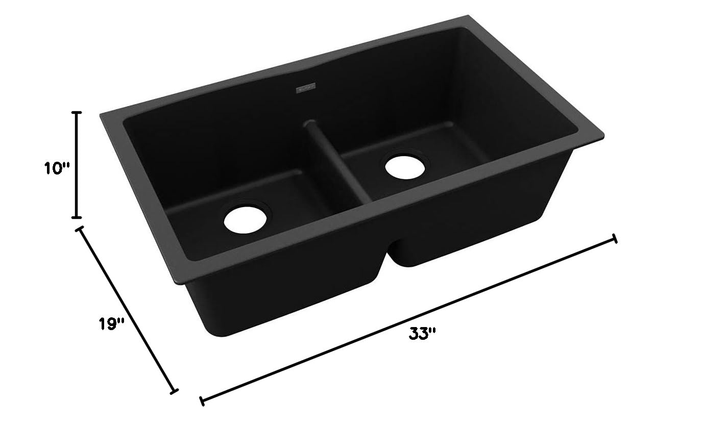 Elkay Quartz Classic ELGDULB3322BK0 Black Equal Double Bowl Undermount Kitchen Sink - Durable & Stylish for Modern Home Cooking & Dishwashing