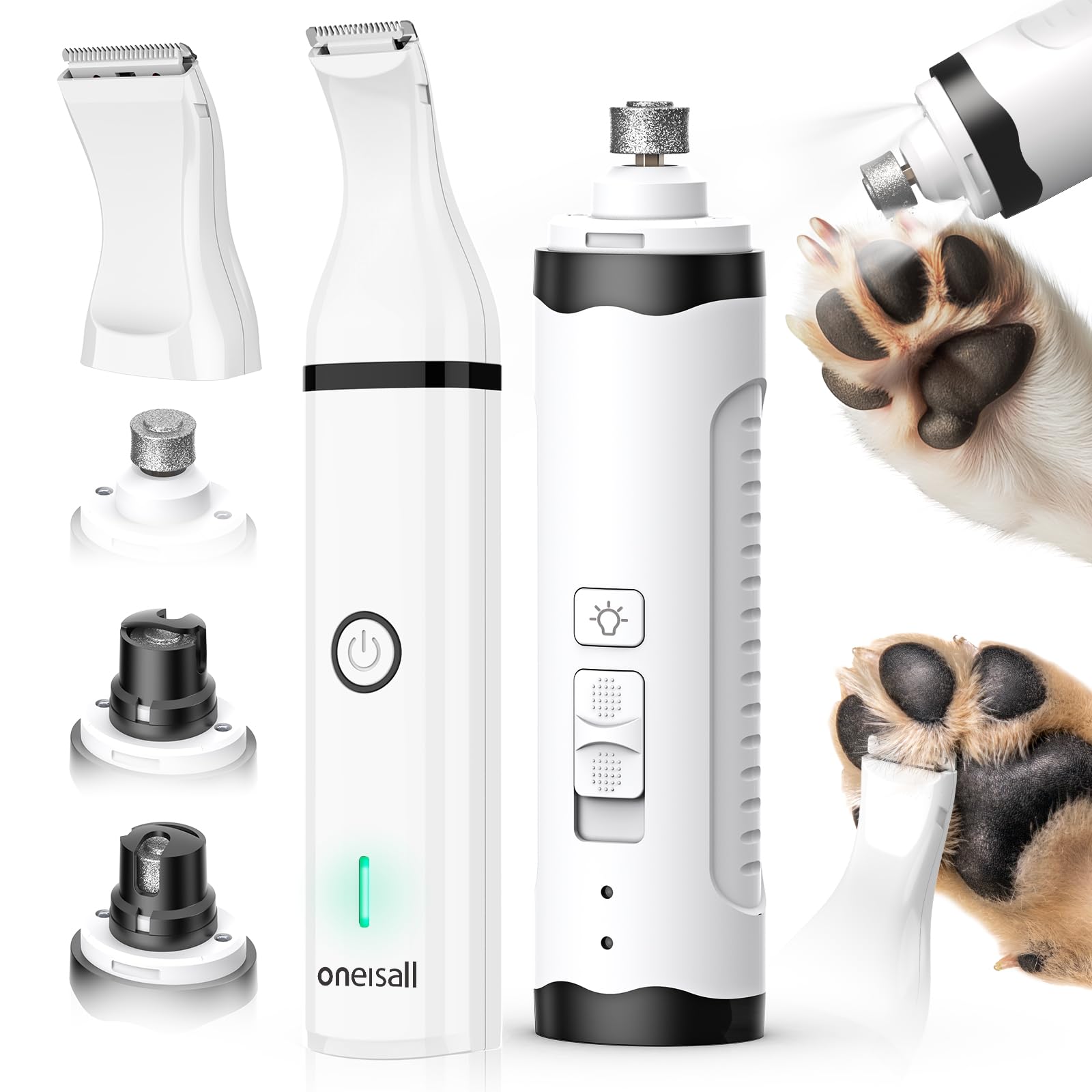 Oneisall 2-in-1 Rechargeable Dog Nail Grinder & Paw Trimmer Kit - Low Noise Electric Pet Nail Clipper with LED Lights & Cordless Grooming Tool - Perfect for Small, Medium & Large Dogs at Home Grooming