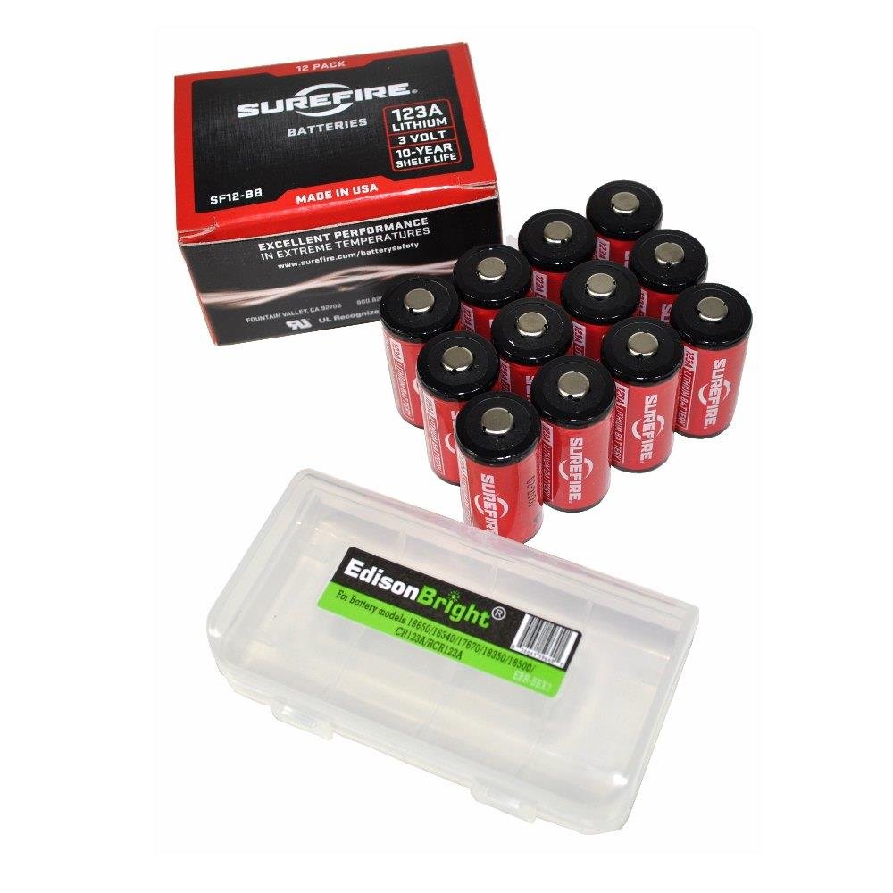 EdisonBright 12 Pack SureFire CR123A Lithium Batteries - Made in USA | SF123A BBX3 Battery Carry Case Bundle | Perfect for Flashlights, Cameras & Emergency Kits