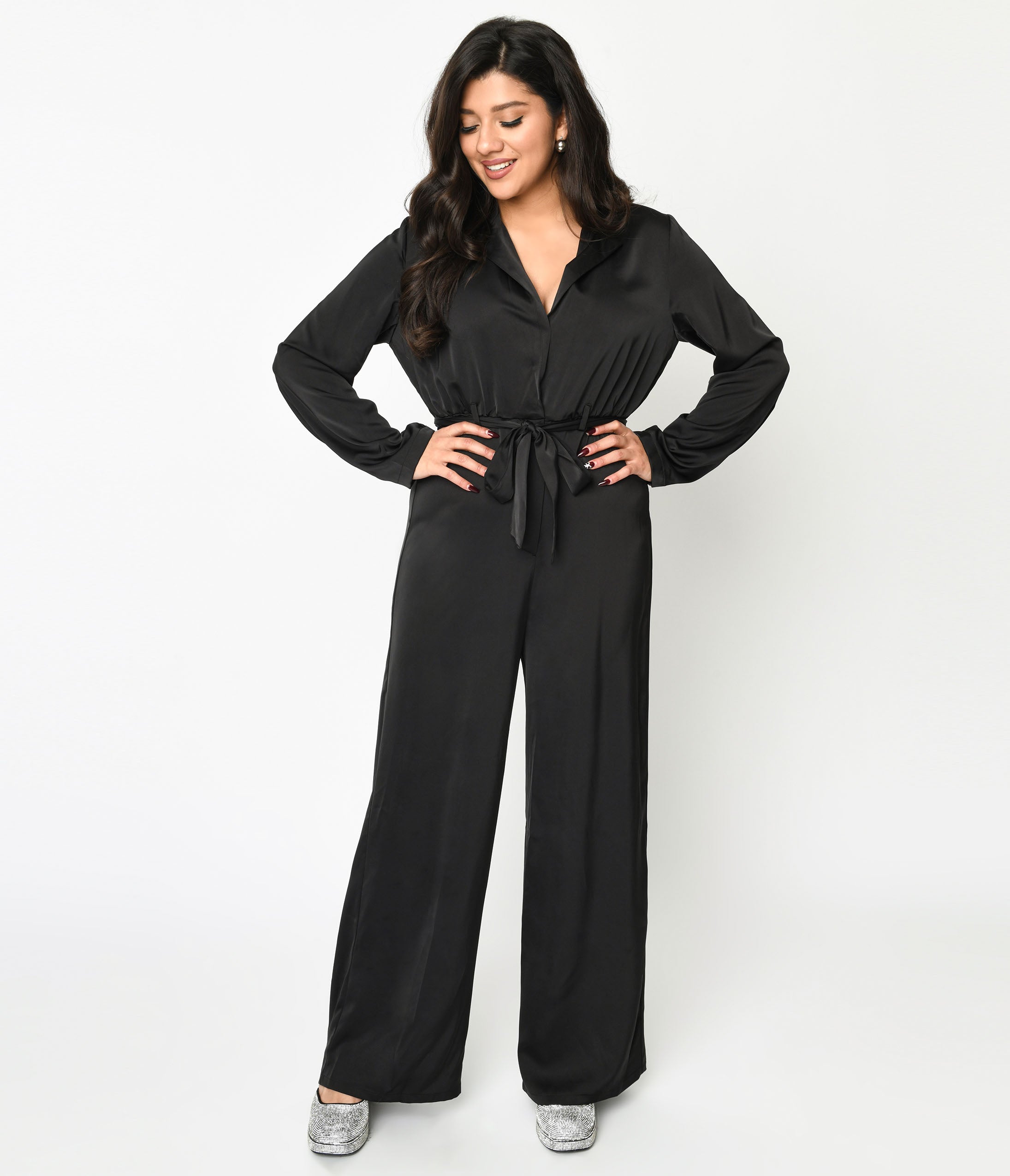 Elegant Black Satin Tie Waist Jumpsuit for Women - Formal & Evening Wear - Perfect for Parties, Weddings & Special Occasions