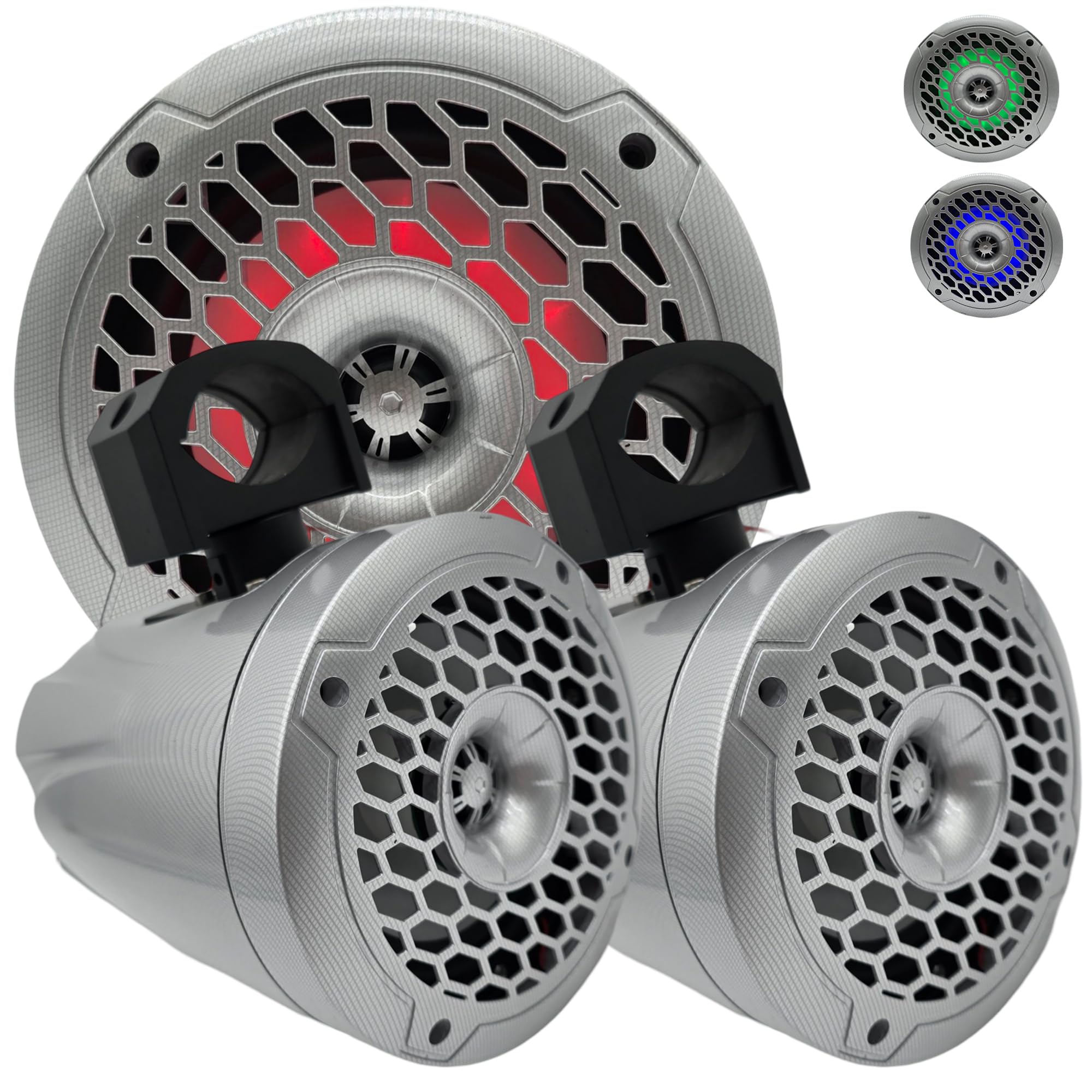 Warzone WZ652MTG 6.5-Inch Marine Waterproof Boat Speakers with RGB LED Lighting, 700W Max Power, 4 Ohm Impedance, Gray Injection Cone & Rubber Edge, Neodymium Magnets (Pair) - Perfect for Boats, Yachts, Pool Parties & Outdoor Entertainment