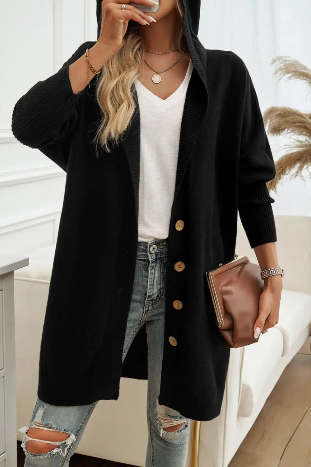 Women's Button Up Long Sleeve Hooded Cardigan Sweater - Cozy Fall & Winter Layering Piece for Casual Outfits and Office Wear