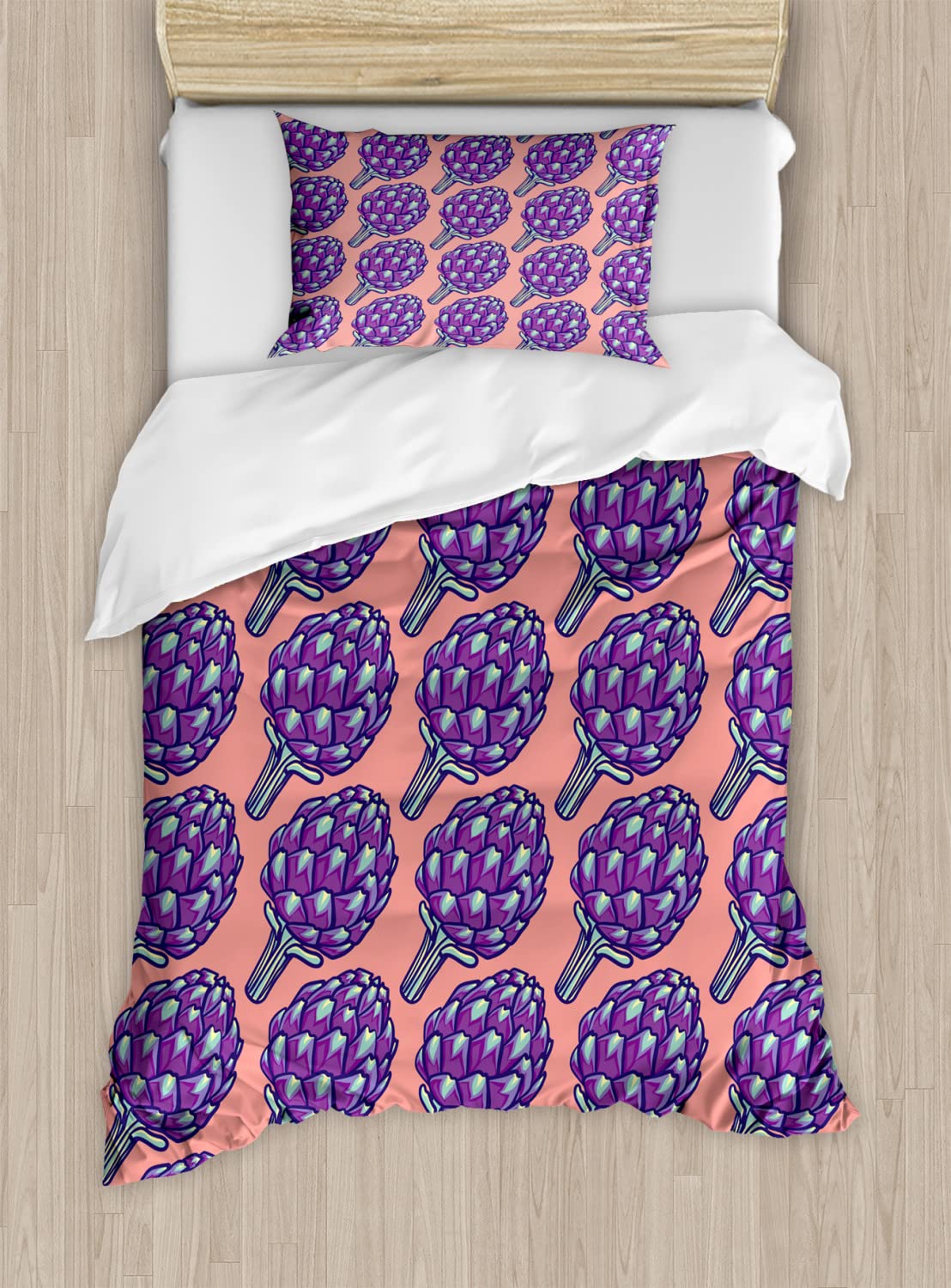 Ambesonne Artichoke Duvet Cover Set - Queen Size 2-Piece Bedding with Violet Roman Artichokes on Coral Backdrop, Traditional Cooking Theme, Includes 2 Duvet Covers & 2 Pillowcases - Perfect for Farmhouse, Vintage, or Mediterranean Style Bedrooms