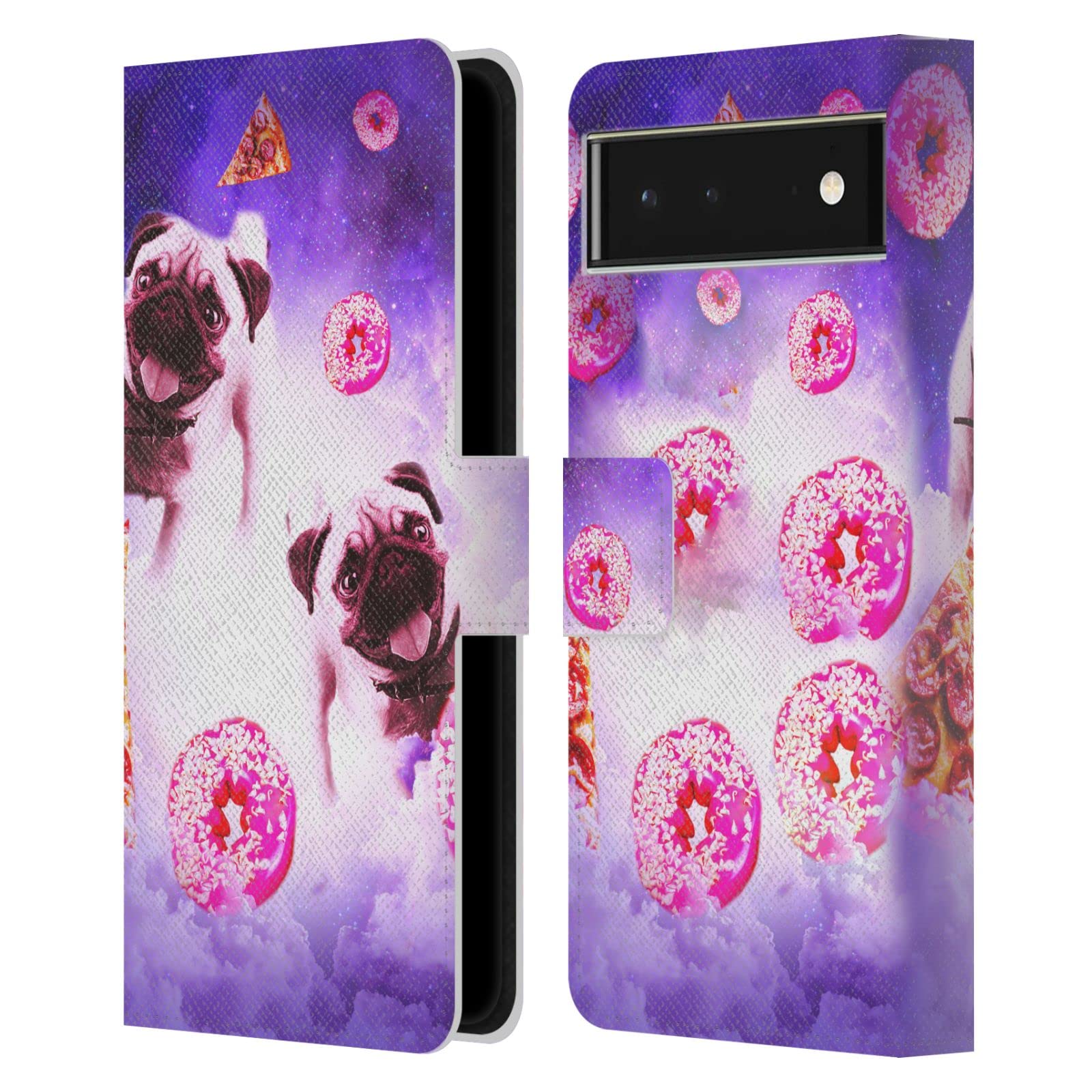 Official Licensed Random Galaxy Pugs Pizza & Donut Mixed Designs Leather Book Wallet Case Cover for Google Pixel 6 - Perfect for Work, Travel & Everyday Protection