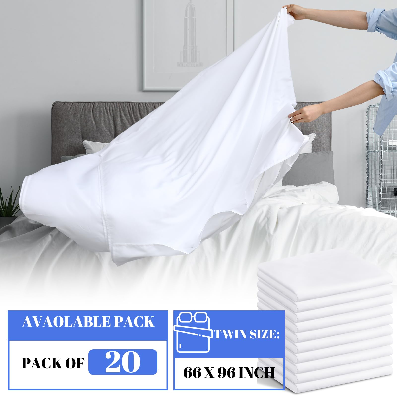 20 Pack White Microfiber Flat Sheets - Soft & Easy Care Bulk Bedding for Twin Size Beds | Perfect for Home, Hotels, Spas, Dorm Rooms & Guest Houses (Machine Washable, Wrinkle Resistant) - Ideal for Daily Use, Hospitality Business & College Dorm Essentials