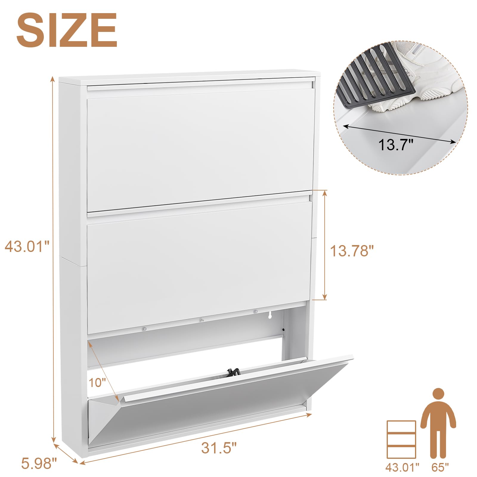 LucyPal 3-Tier Flip Drawers Shoe Storage Cabinet - Narrow Freestanding Shoe Organizer for Entryway, Hallway, Bedroom & Apartment - White Metal Shoe Rack (43