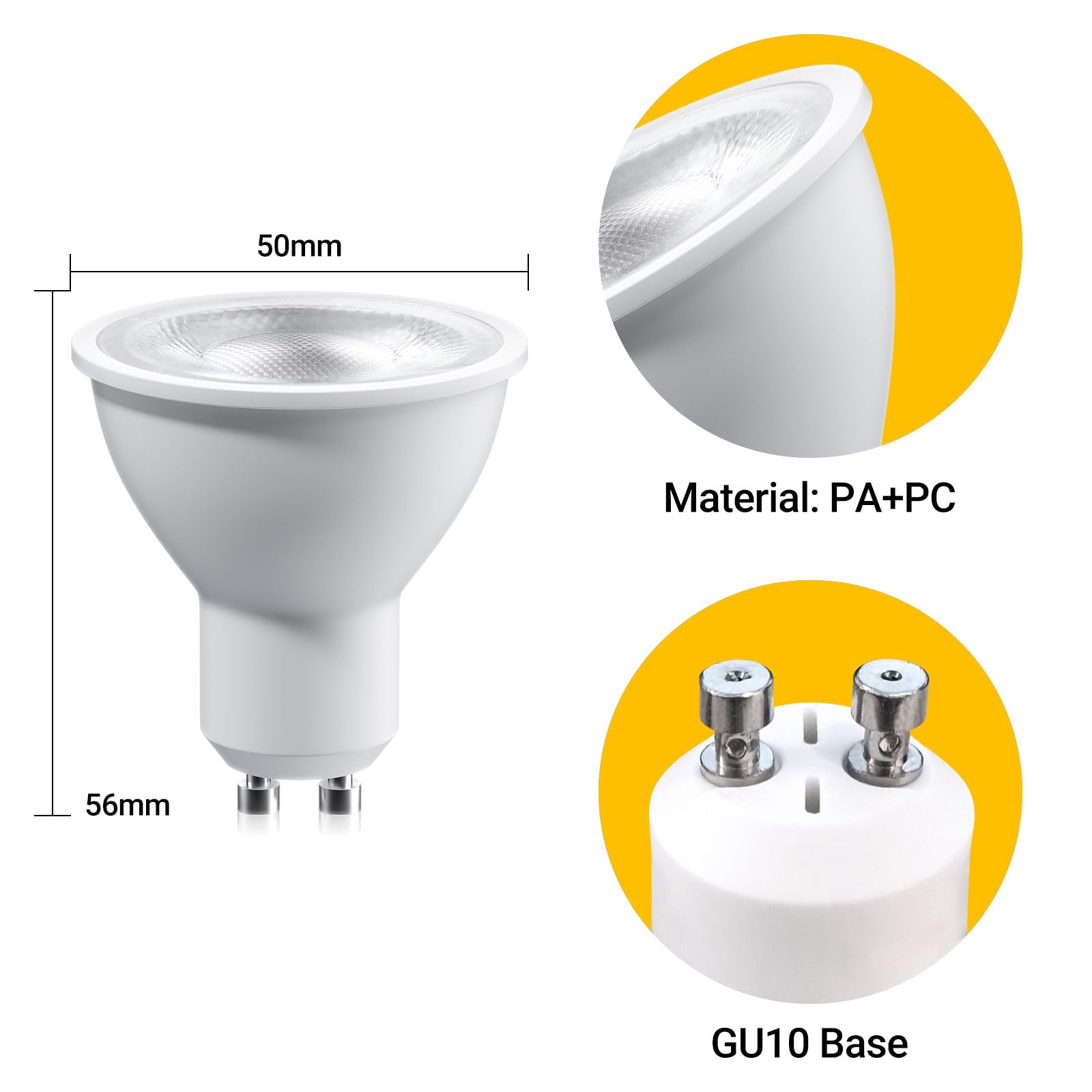 Dimmable GU10 LED Bulbs 7W (50W Halogen Equivalent) - 10 Pack Warm White 3000K, 630LM - Energy Saving Spotlights for Recessed Track Lighting, Home & Office Lighting | Perfect for Living Rooms, Kitchens, and Retail Displays