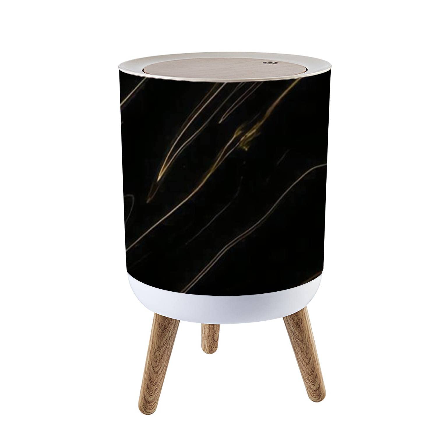 Marble Texture Small Trash Can with Lid - 7L/1.8 Gallon Round Waste Bin with Wood Legs & Press Cover - Black Gold Ink Granite Abstract Design for Kitchen, Bathroom, Office | Perfect for Home Decor & Waste Disposal
