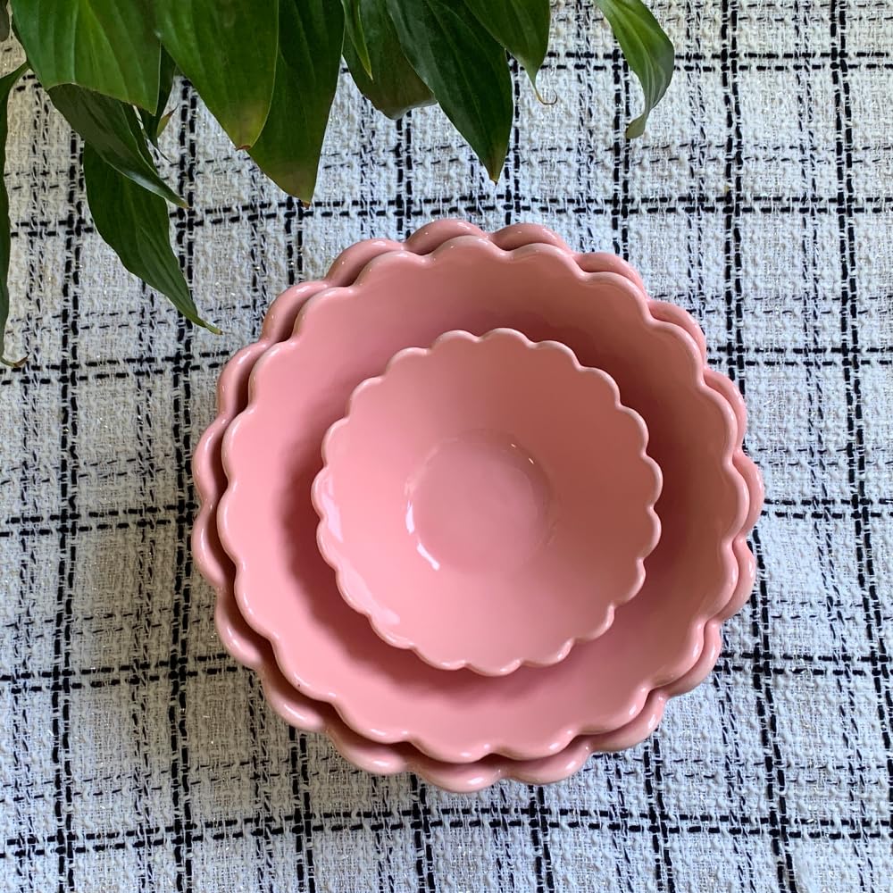 3-Piece Ceramic Nesting Bowls Set - Microwave & Dishwasher Safe Porcelain Serving Bowls for Noodles, Cereal, Oatmeal, Fruits, Rice | Perfect for Meal Prep, Salad, Snacks & Kitchen Organization (Pink)