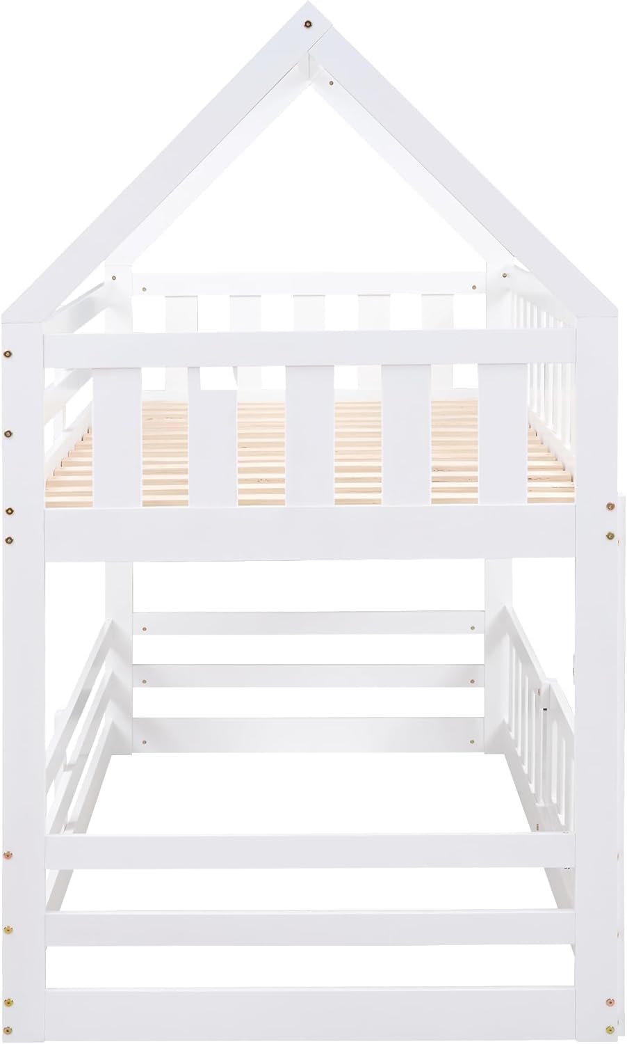 **MERITLINE Wooden Twin Over Twin Bunk Bed with Fence, Door & Roof - Kids Loft Bed for Girls & Boys - Easy Assembly, White - Perfect for Small Bedrooms & Shared Spaces**