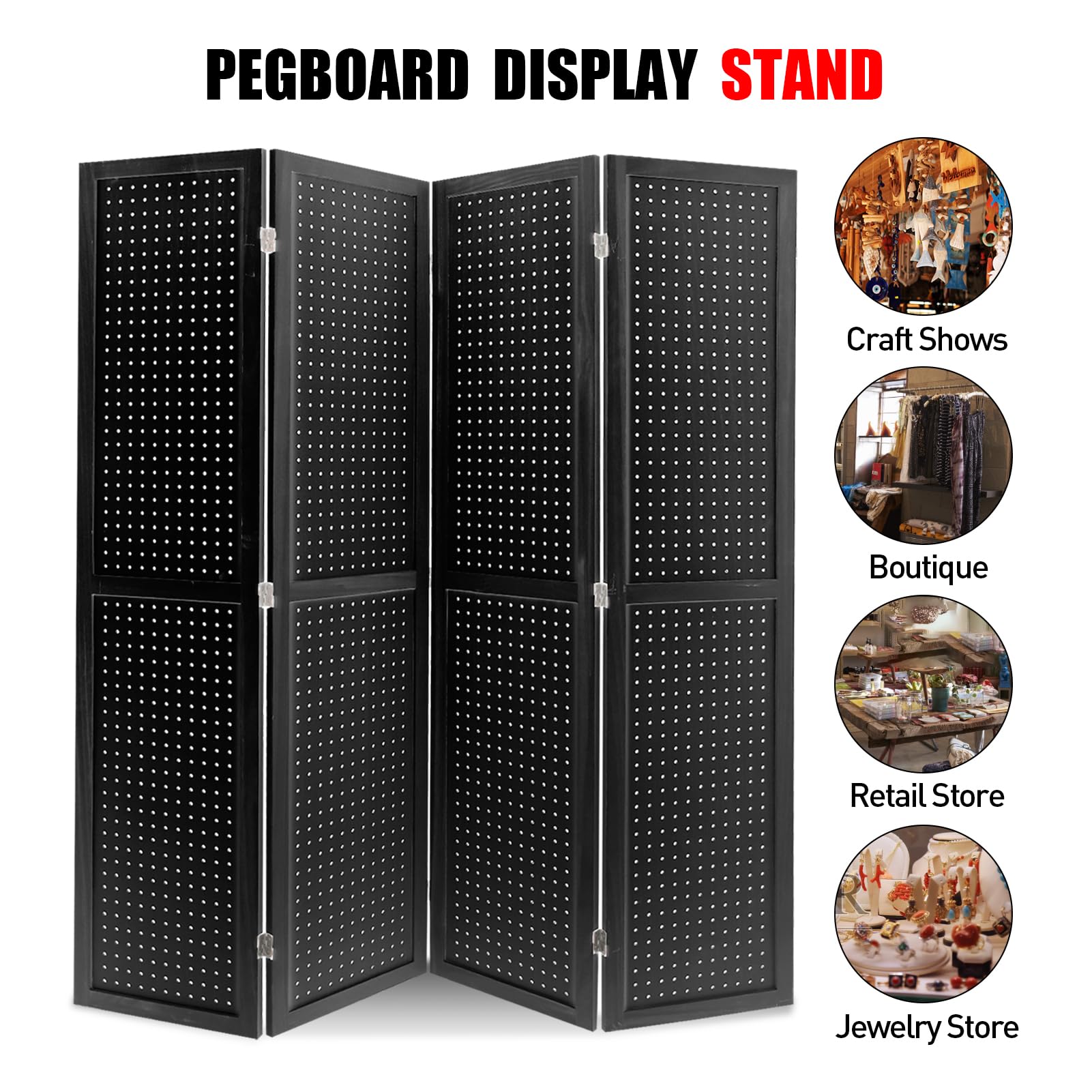 Babion 4-Panel Pegboard Display - Freestanding Folding Room Divider & Privacy Screen for Craft Shows, Trade Shows, and Retail Displays - Black (Ideal for Home Offices, Studios, and Event Booths)
