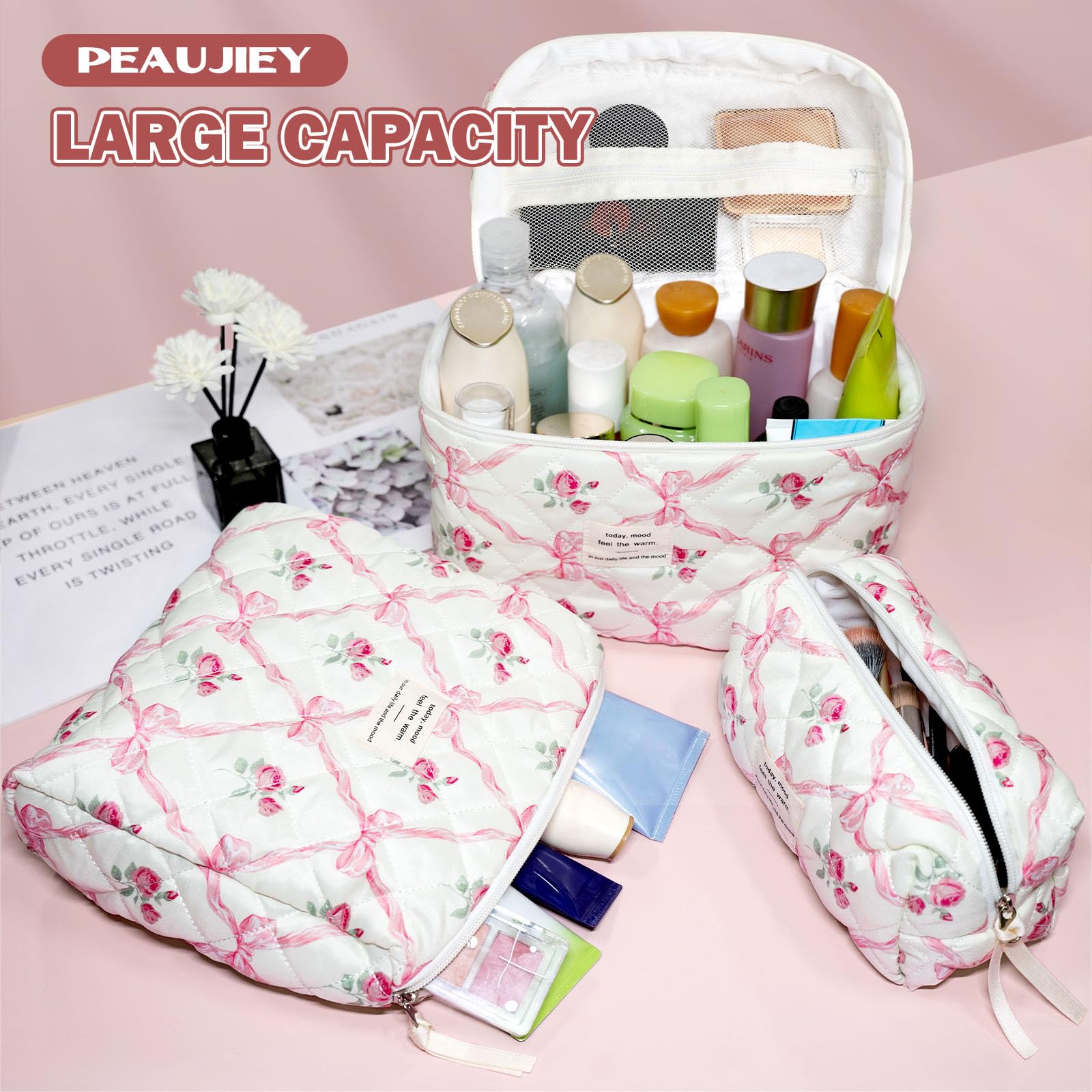 3 PCS Floral Pink Bow Makeup Bag Set - Quilted Cosmetic Organizer for Women & Girls, Large Cotton Travel Toiletry Bag with Pink Flower Design | Perfect for Travel, Gym, and Daily Beauty Storage