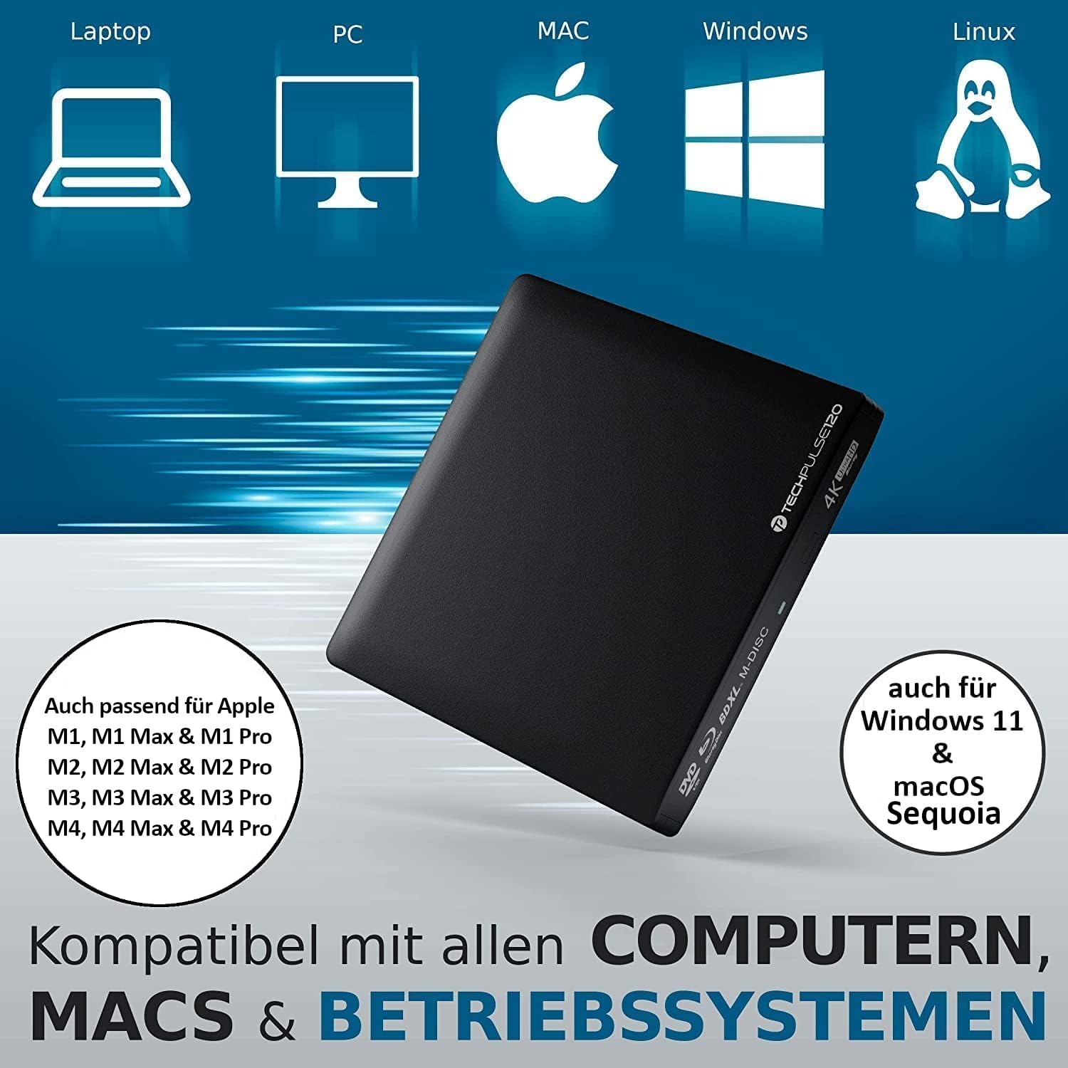 techPulse120 USB 3.1 Type-C External UHD HDR 4K 3D Blu-ray Burner Drive - Supports BDXL, M-Disc, DVD & CD - Compatible with Windows/Mac, PC, Laptop, iMac (Aluminum Black) - Perfect for Home Theater, Media Backup & Professional Video Editing